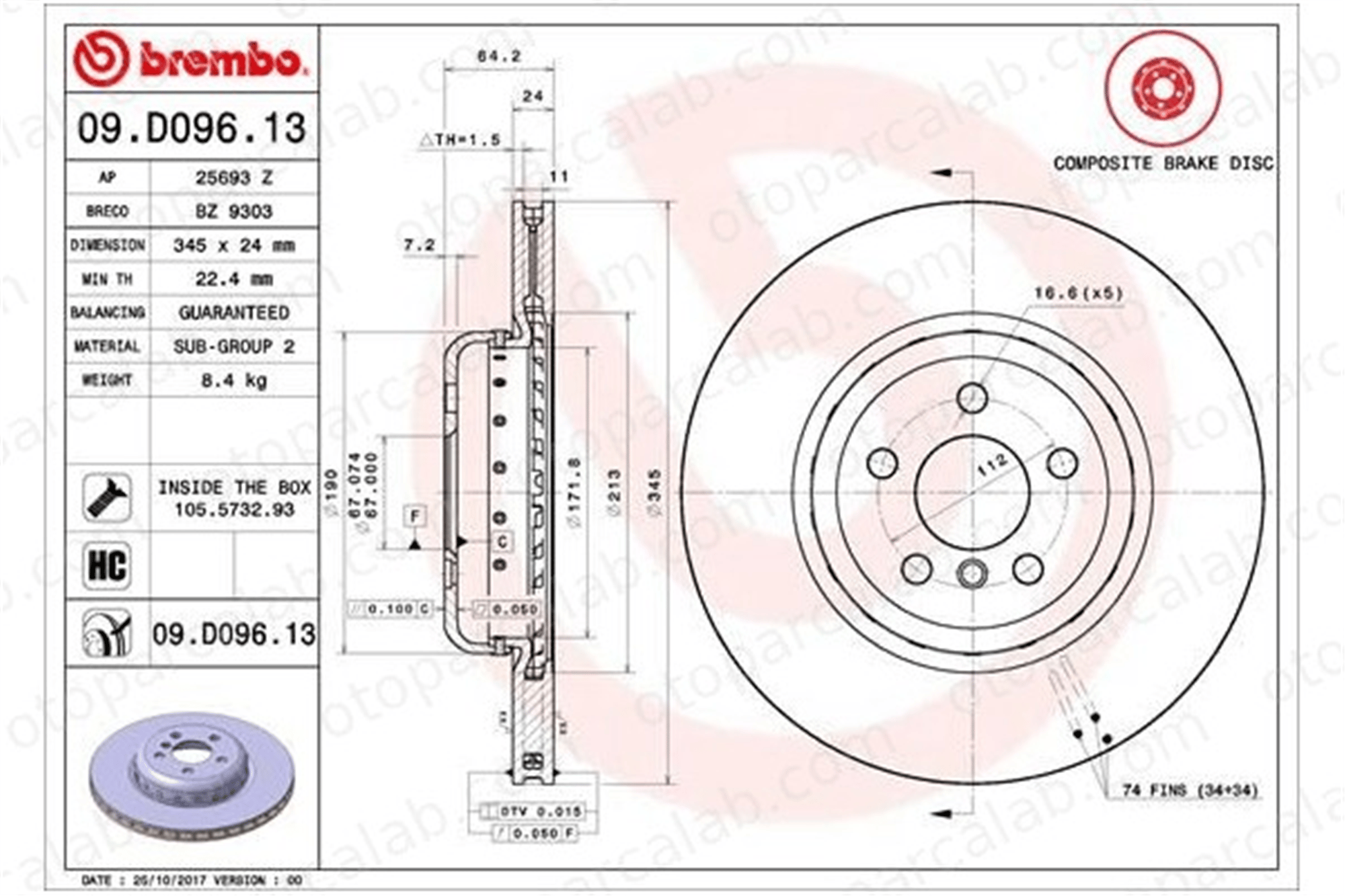 BREMBO 09.D096.13 Fren Disk Ayna Arka Sağ ve Sol BMW 5 5 Touring 34216860925 34206880079