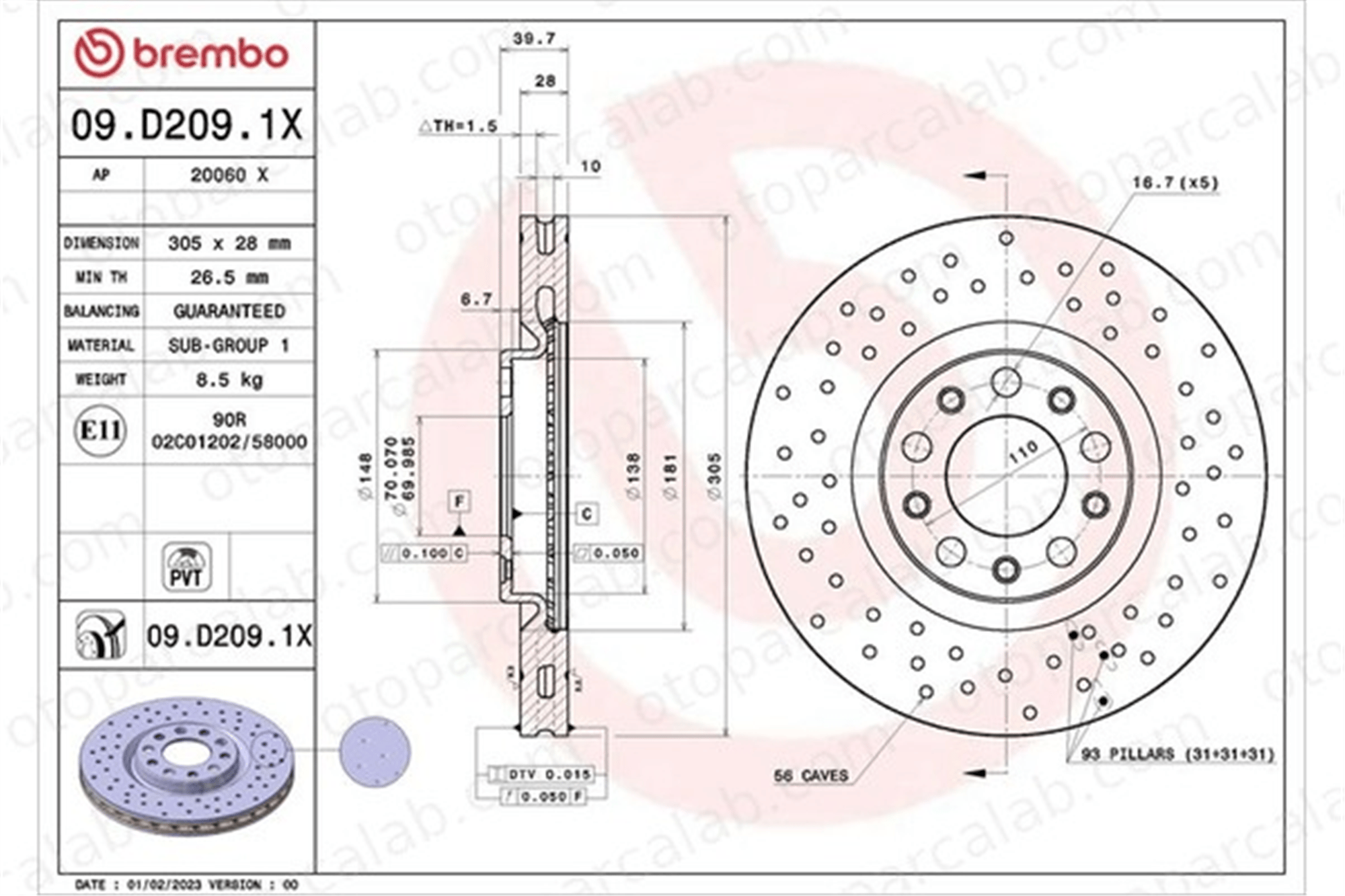 BREMBO 09.D209.1X Fren Disk Ayna Ön Sağ ve Sol FIAT 500X JEEP RENEGADE SUV K68350239AA K68254087AB