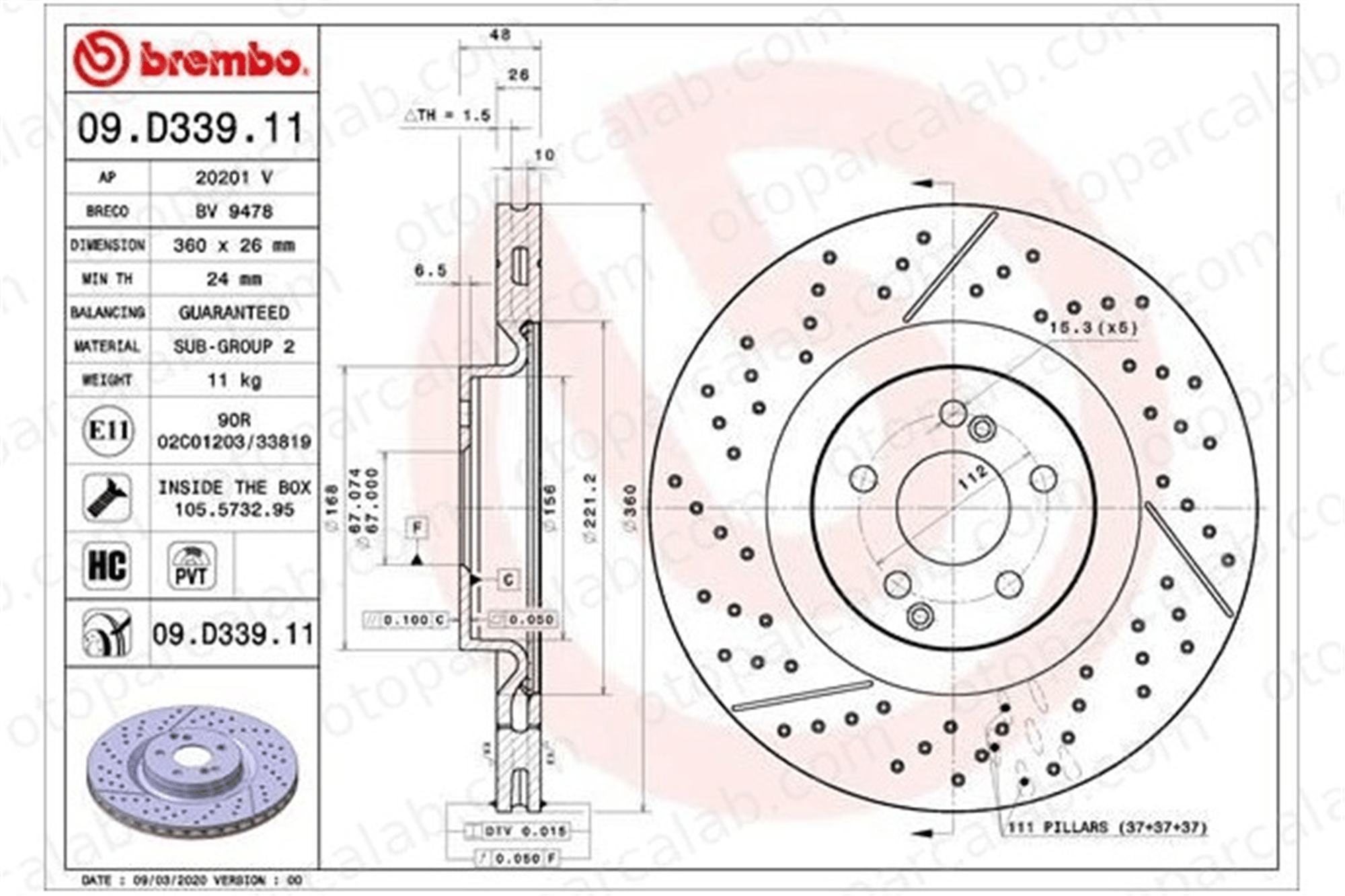 BREMBO 09.D339.11 Fren Disk Ayna Arka Sağ ve Sol MERCEDES-BENZ AMG GT GLC A2534230000 2534230000