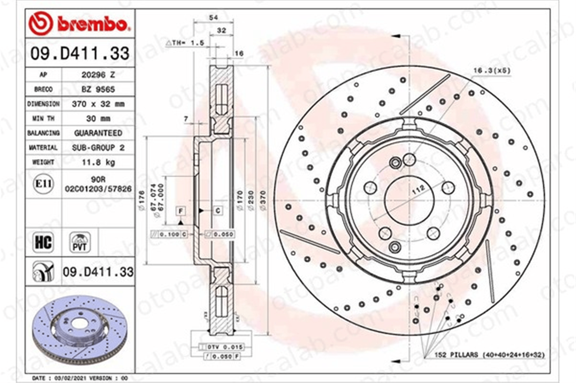 BREMBO 09.D411.33 Fren Disk Ayna Arka Sağ ve Sol MERCEDES-BENZ GLE GLE Coupe A1674231000 1674231000