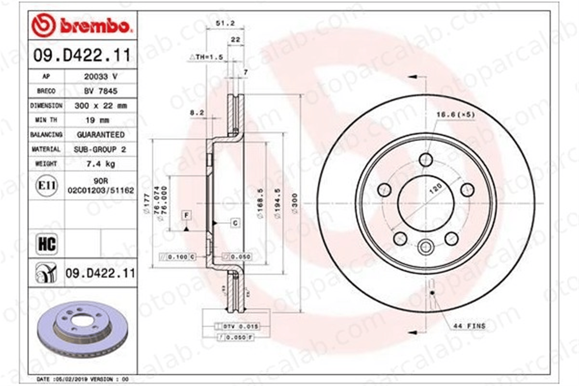 BREMBO 09.D422.11 Fren Disk Ayna Arka Sağ ve Sol VW AMAROK CRAFTER Panelvan/Van 2N0615601 65508030001