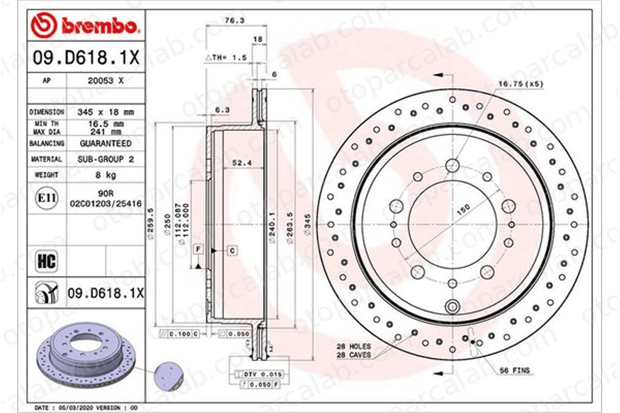 BREMBO 09.D618.1X Fren Disk Ayna Arka Sağ ve Sol TOYOTA LAND CRUISER 200 LEXUS LX 424310C010 4243160290