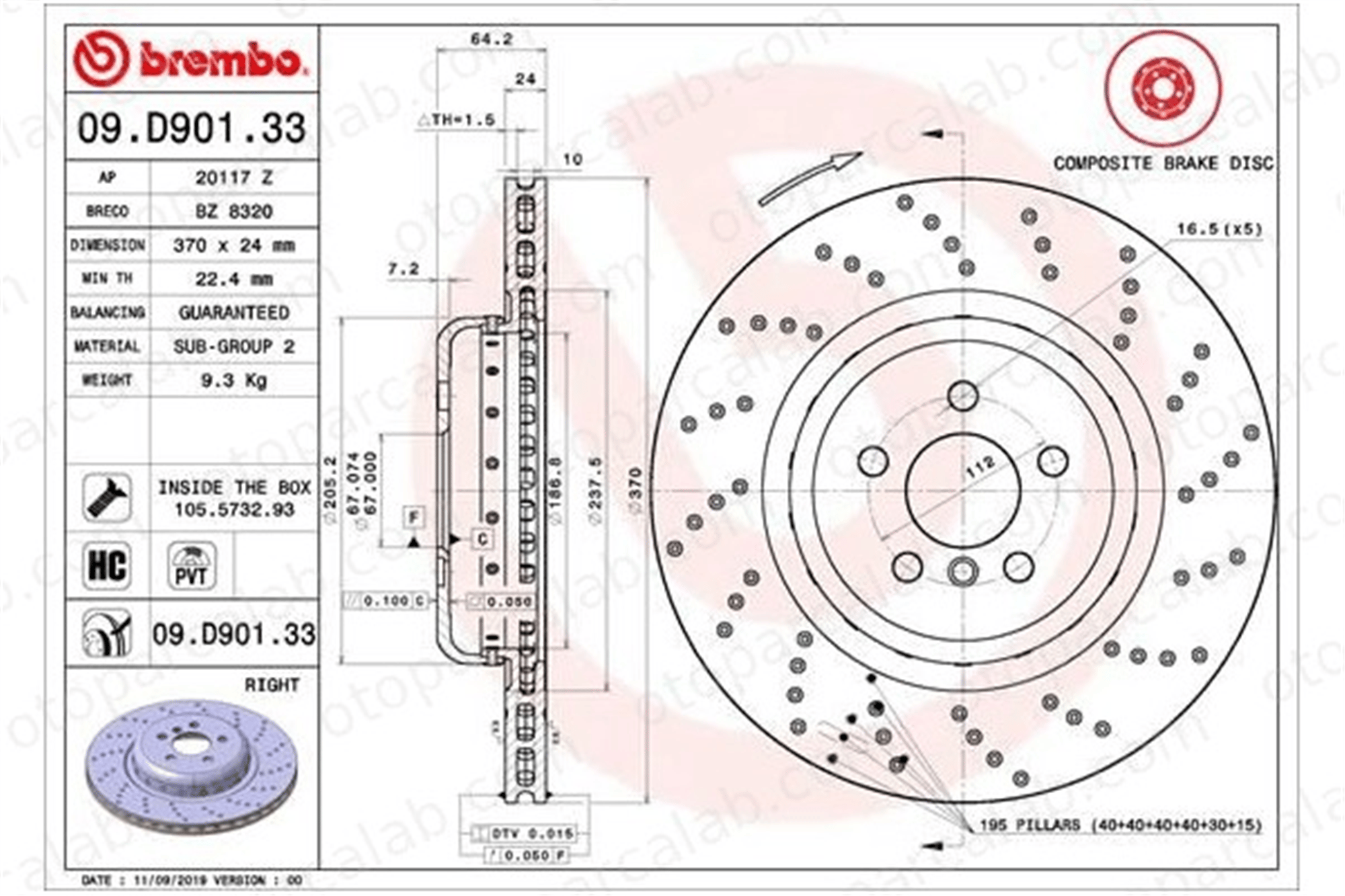 BREMBO 09.D901.33 Fren Disk Ayna Arka Sağ BMW 5 5 Touring 34216878180