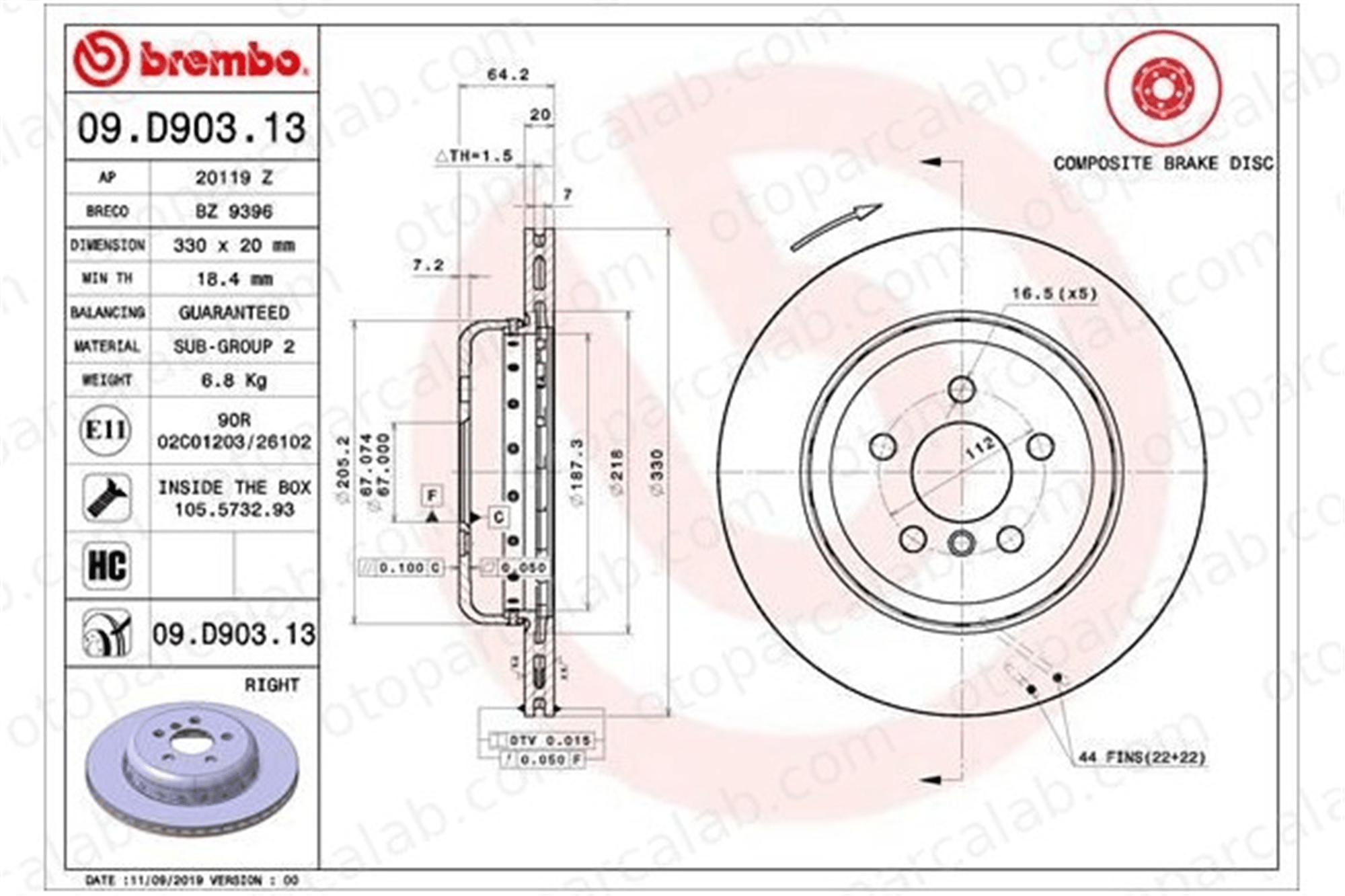 BREMBO 09.D903.13 Fren Disk Ayna Arka Sağ BMW 5 5 Touring 34216882246 34206883980