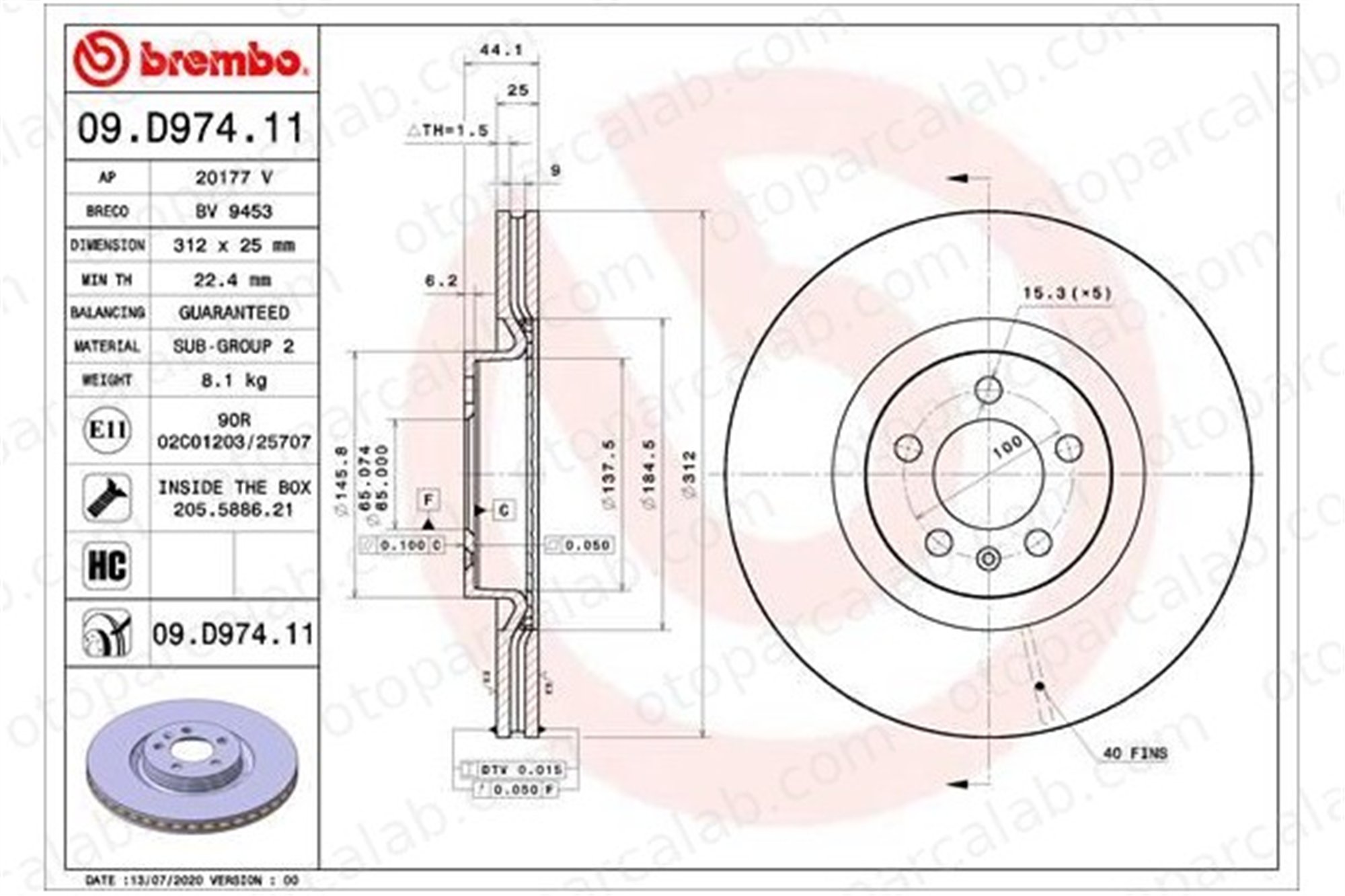 BREMBO 09.D974.11 Fren Disk Ayna Ön Sağ ve Sol AUDI A1 Sportback 2Q0615301J