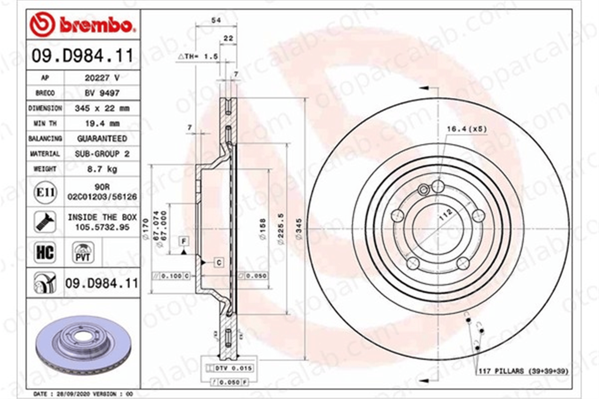 BREMBO 09.D984.11 Fren Disk Ayna Arka Sağ ve Sol MERCEDES-BENZ GLE GLE Coupe A1674238900 1674238900