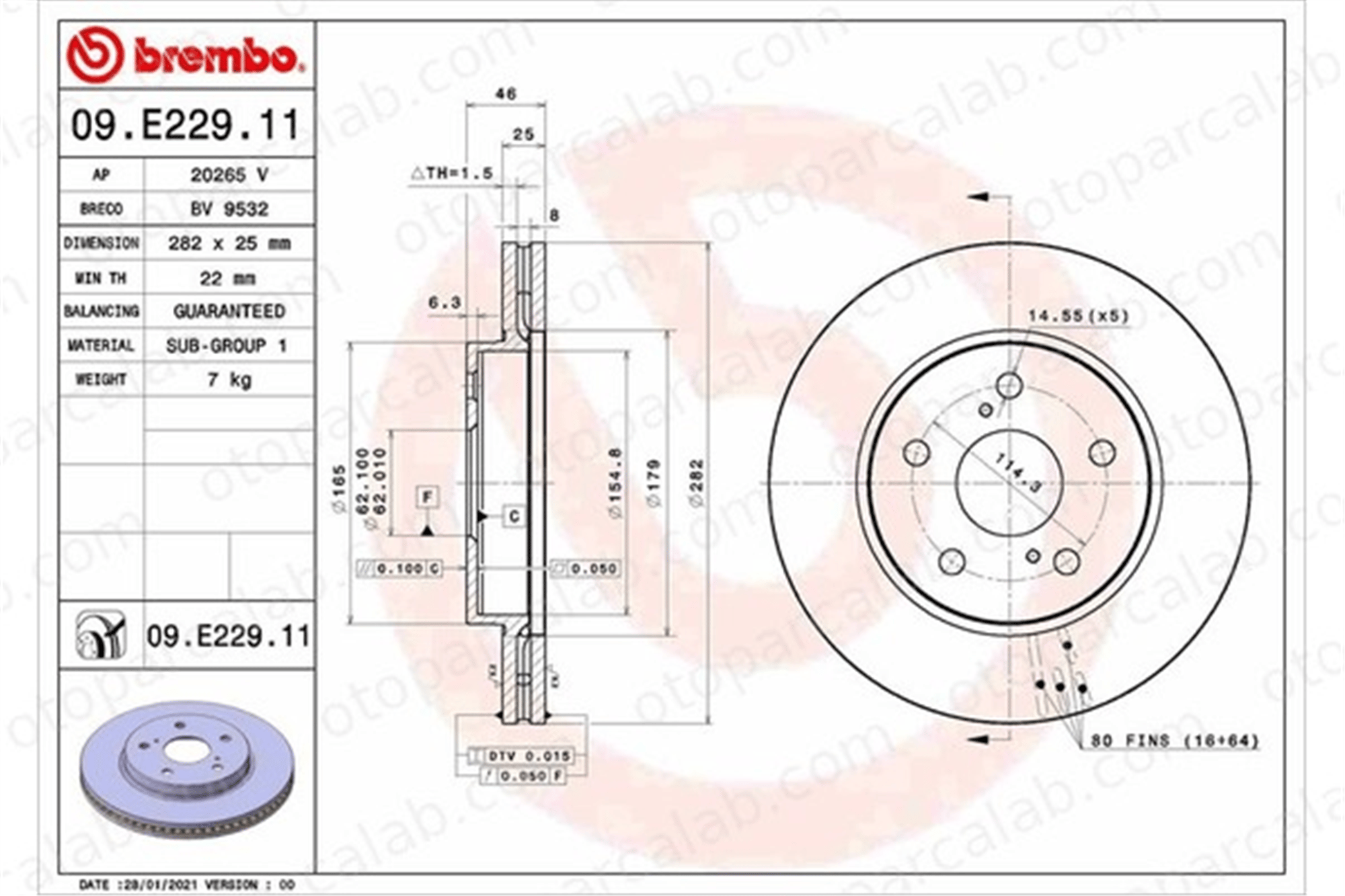 BREMBO 09.E229.11 Fren Disk Ayna Ön Sağ ve Sol TOYOTA COROLLA Sedan COROLLA Hatchback 4351202390 T435120239