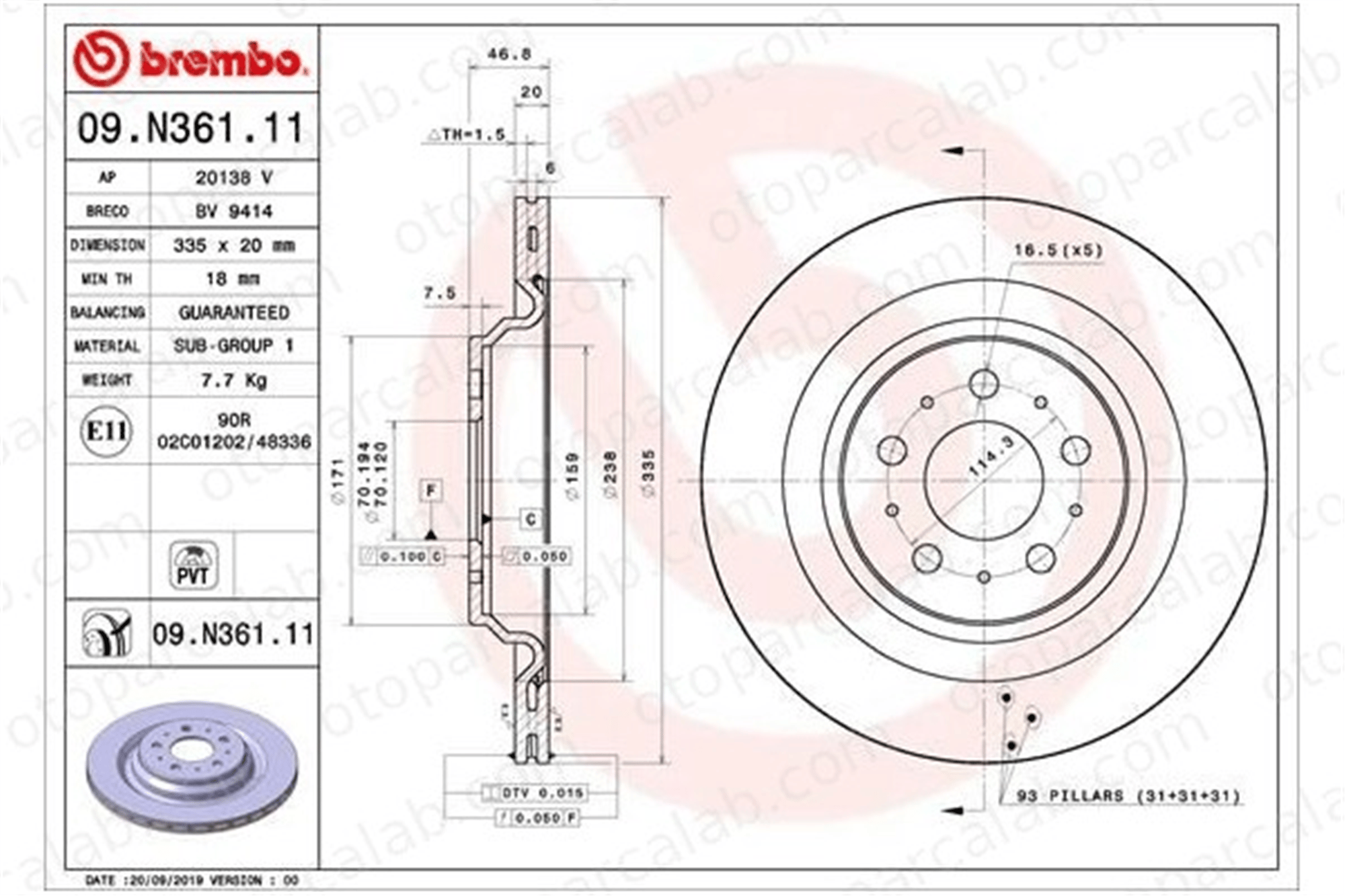 BREMBO 09.N361.11 Fren Disk Ayna Arka Sağ ve Sol TESLA MODEL 3 104463100D 1044631