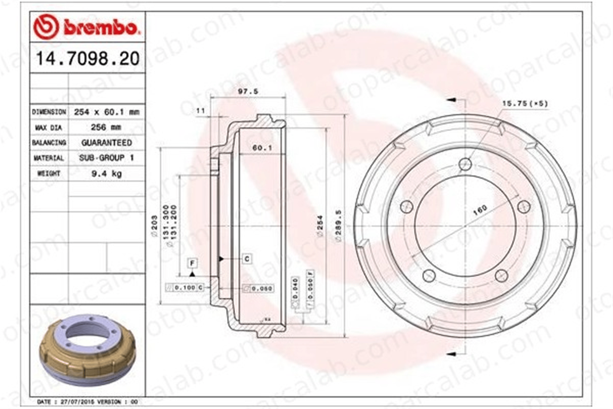 BREMBO 14.7098.20 Kampana Arka Sağ veya Sol FORD TRANSIT Panelvan/Van TRANSIT Platform şasi 1C1W1126AE 4540218