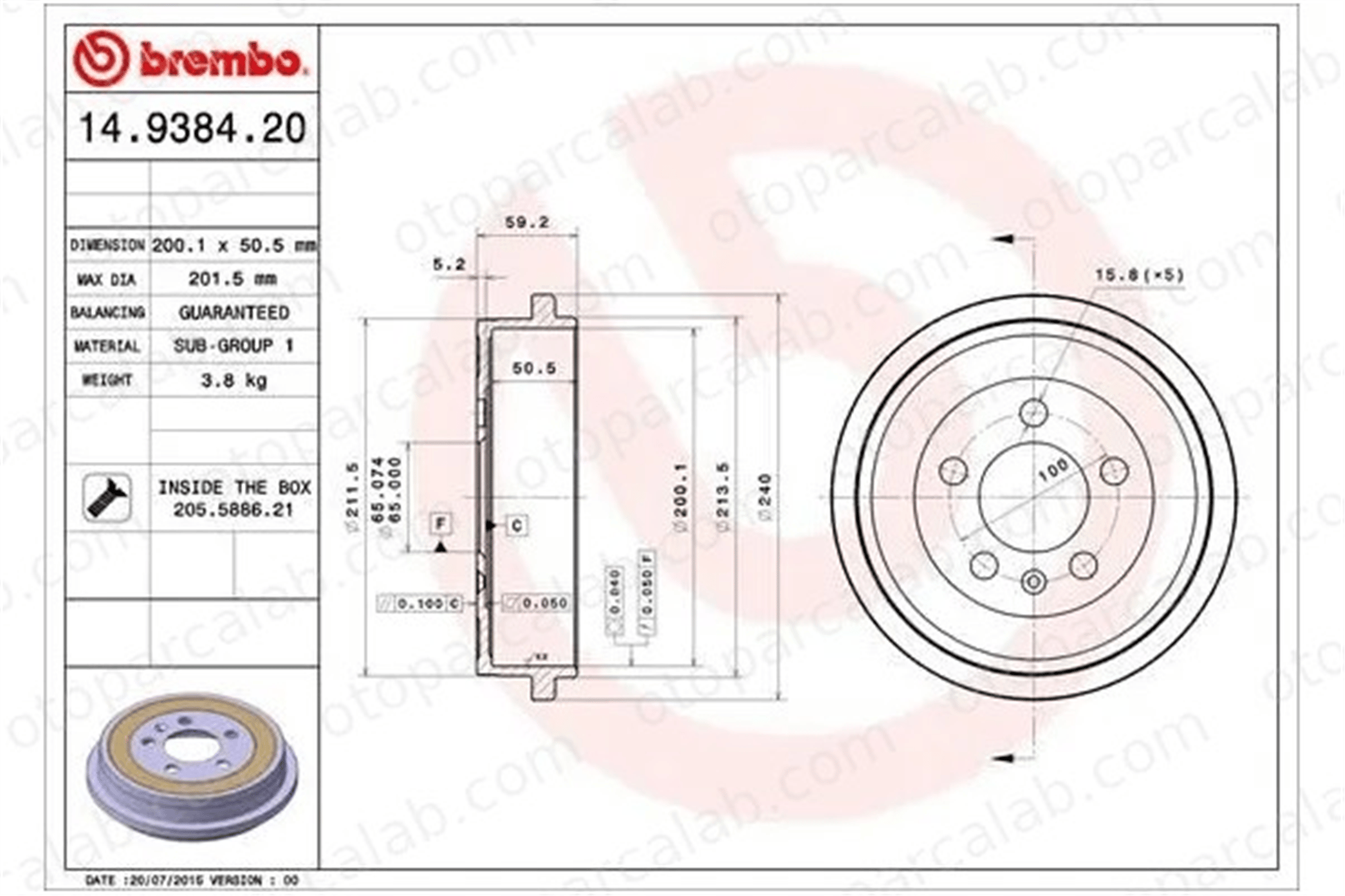 BREMBO 14.9384.20 Kampana Arka Sağ veya Sol SEAT IBIZA IV IBIZA IV SC 6Q0609617 6R0609617C