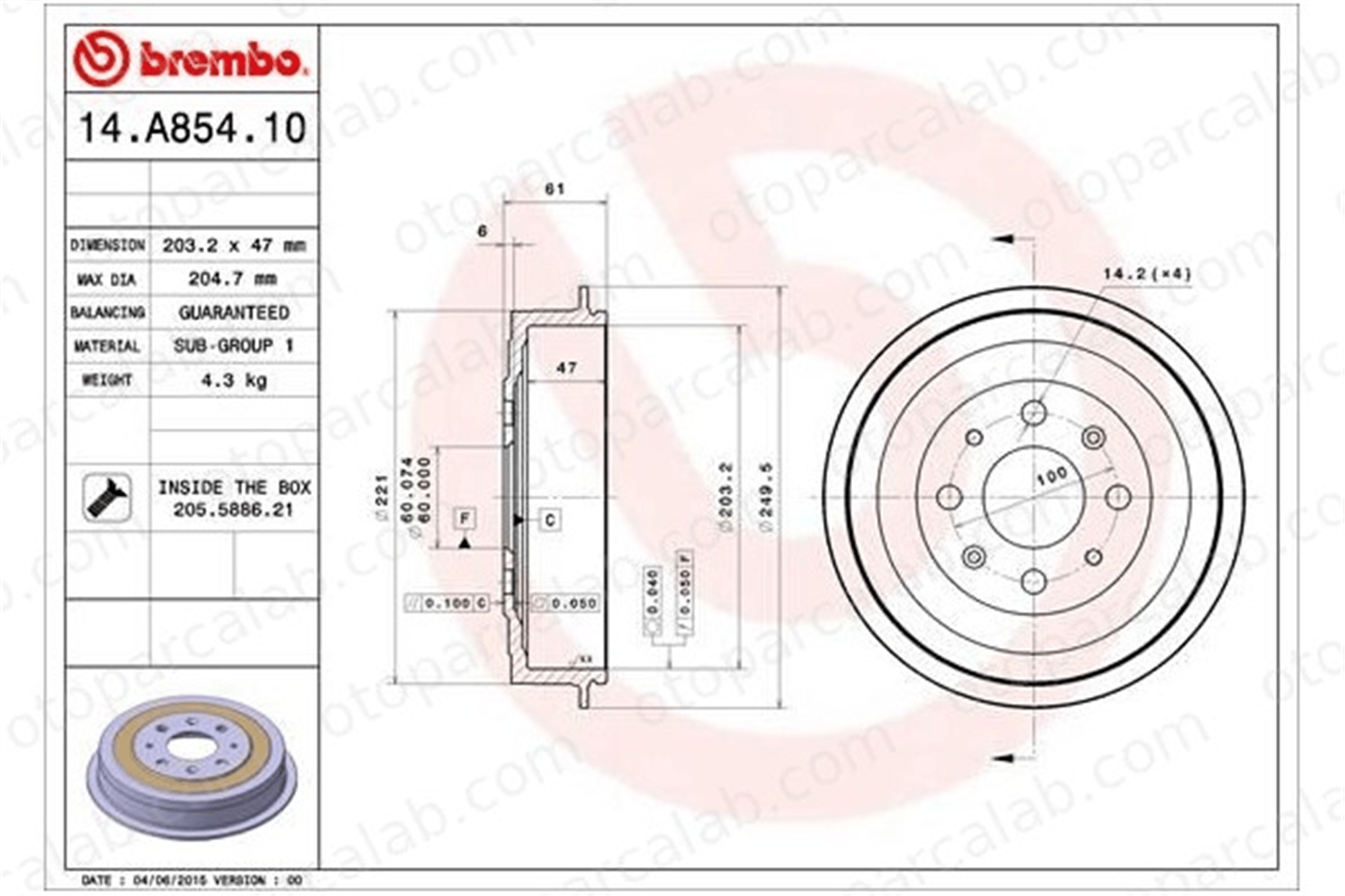 BREMBO 14.A854.10 Kampana Arka Sağ veya Sol OPEL CORSA D CORSA D Kasa/eğik arka 55701379 55703042