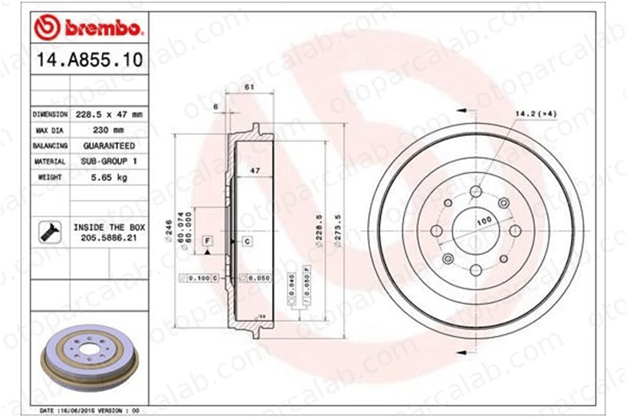 BREMBO 14.A855.10 Kampana Arka Sağ veya Sol OPEL CORSA D FIAT PUNTO 51901443 51901444