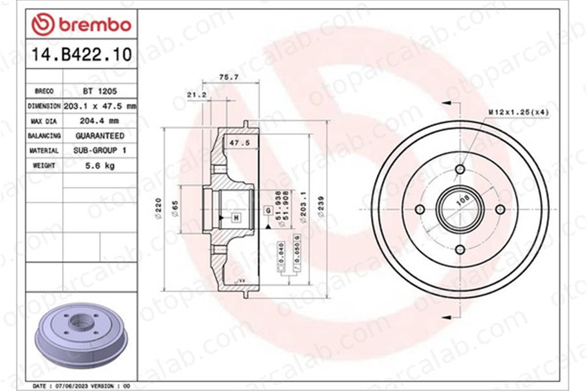 BREMBO 14.B422.10 Kampana Arka Sağ veya Sol PEUGEOT 208 I CITROËN C3 III 424759