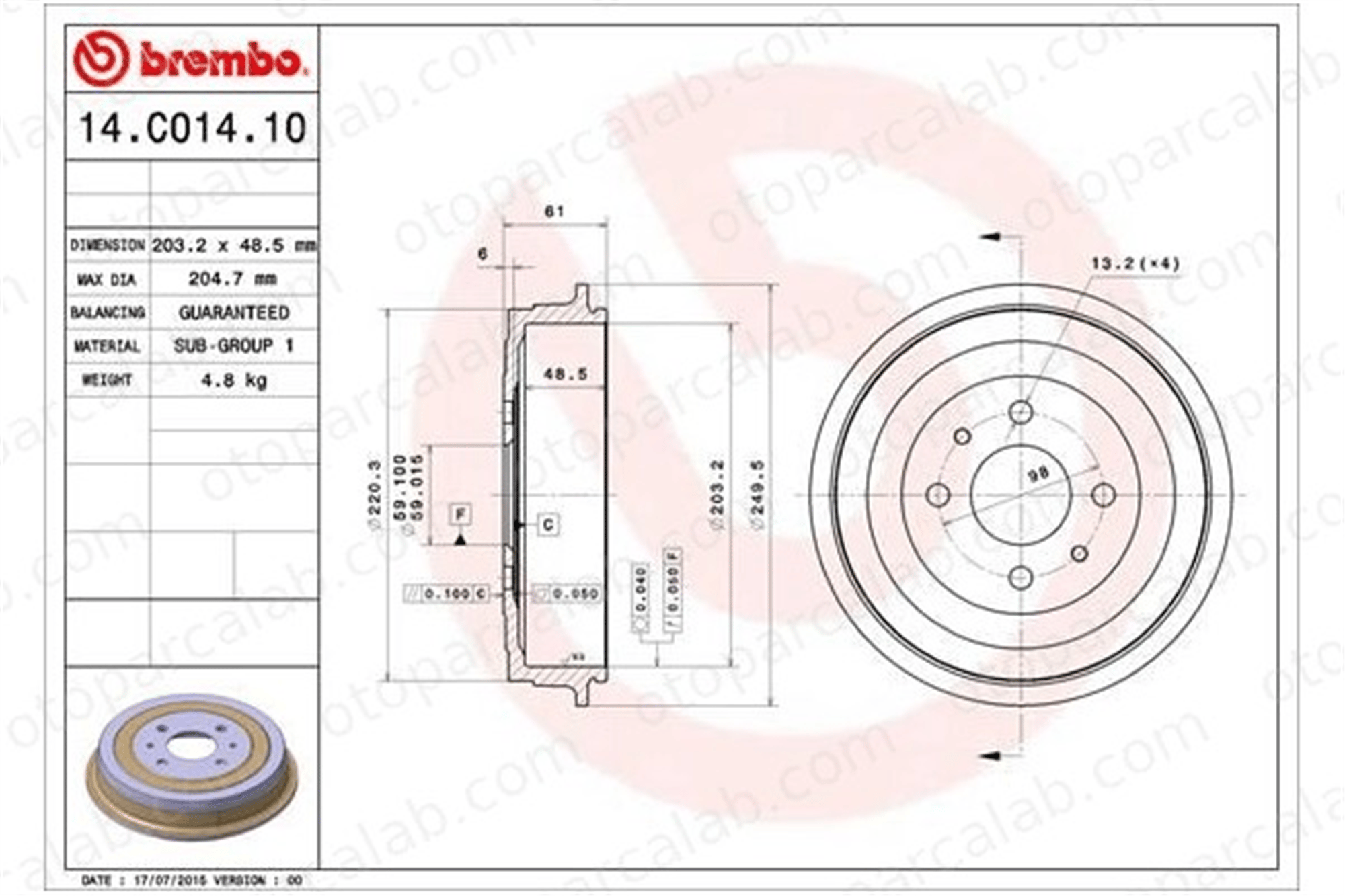 BREMBO 14.C014.10 Kampana Arka Sağ veya Sol FIAT PANDA LANCIA YPSILON 424754 51904681