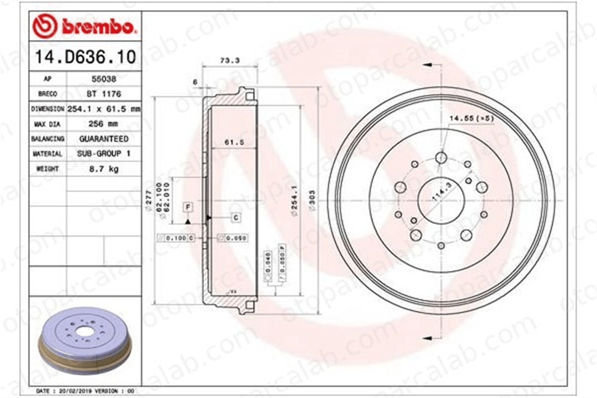 BREMBO 14.D636.10 Kampana Arka Sağ veya Sol TOYOTA HILUX VII Pick-up 424310K080 424310K090