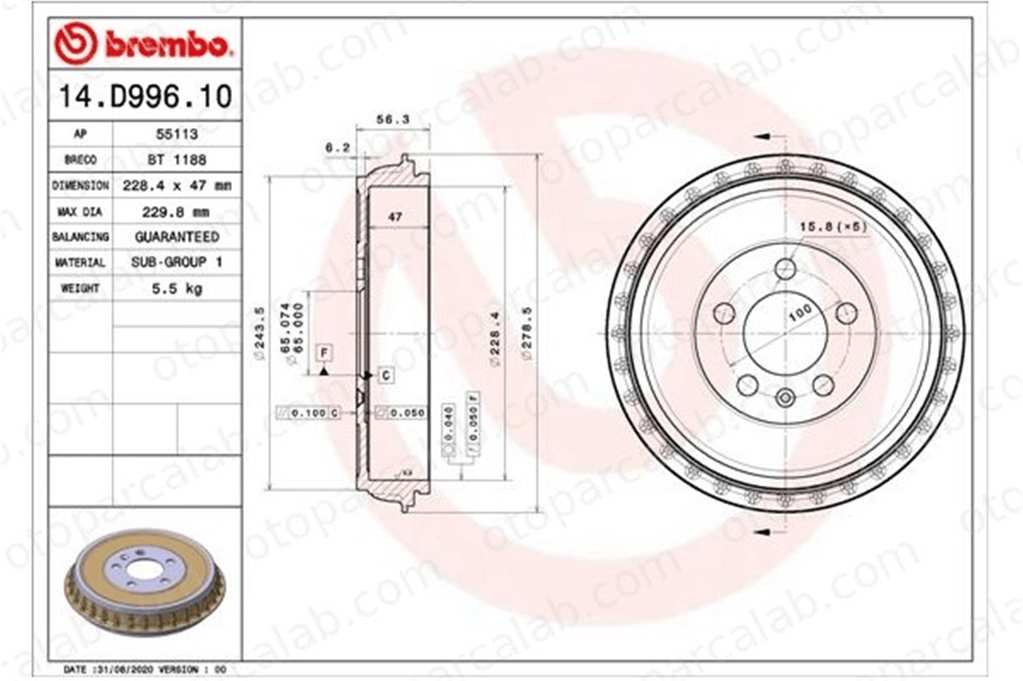BREMBO 14.D996.10 Kampana Arka Sağ veya Sol SEAT IBIZA V ARONA 2Q0609617A