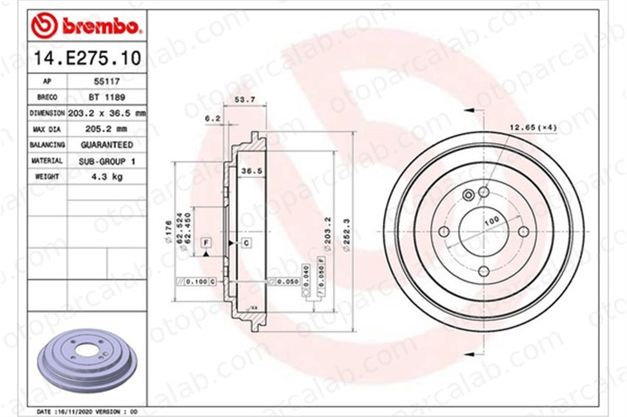 BREMBO 14.E275.10 Kampana Arka Sağ veya Sol HYUNDAI i20 II KIA RIO IV 584111R000 584110U000