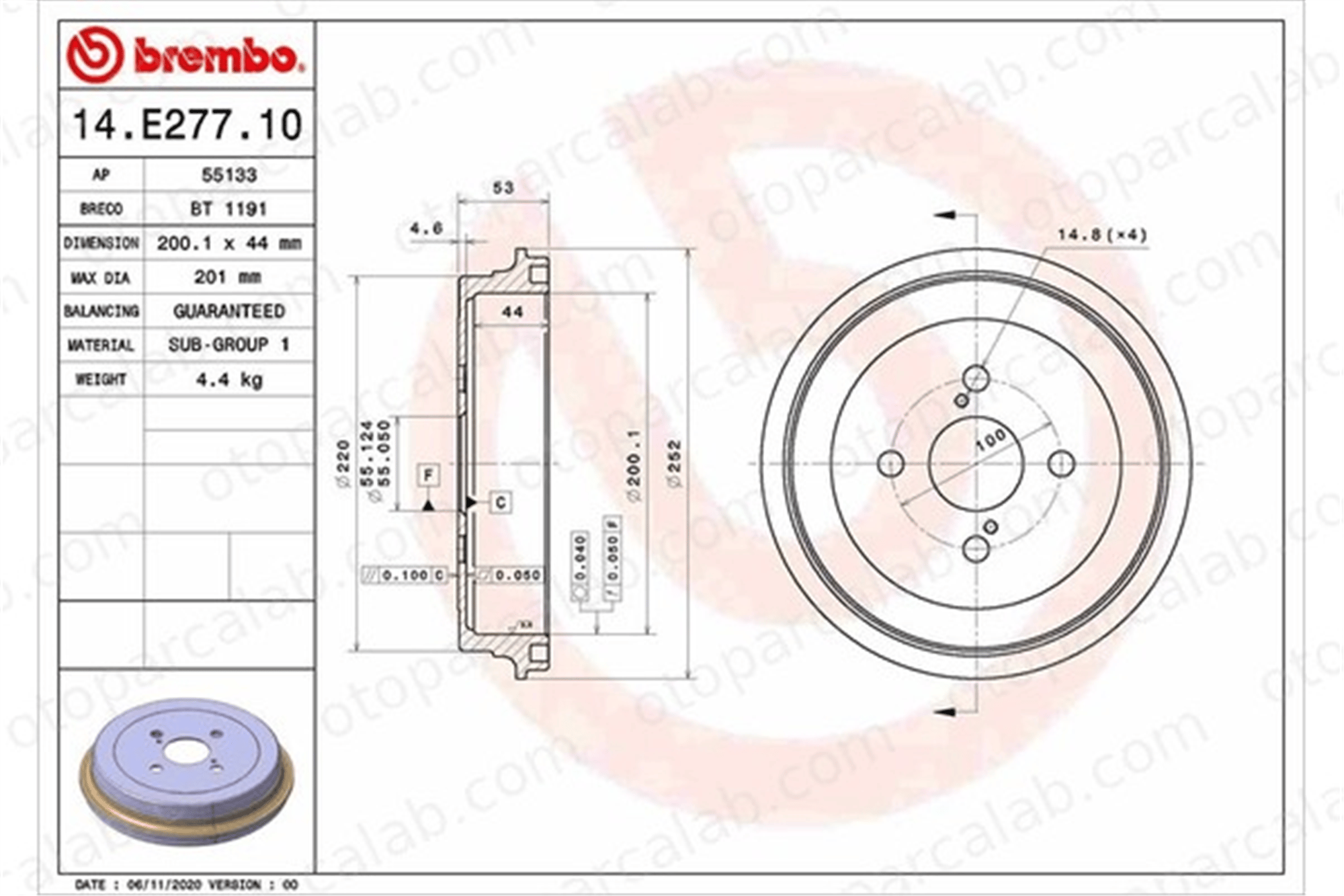 BREMBO 14.E277.10 Kampana Arka Sağ veya Sol TOYOTA YARIS YARIS / VIOS Sedan 4243152070