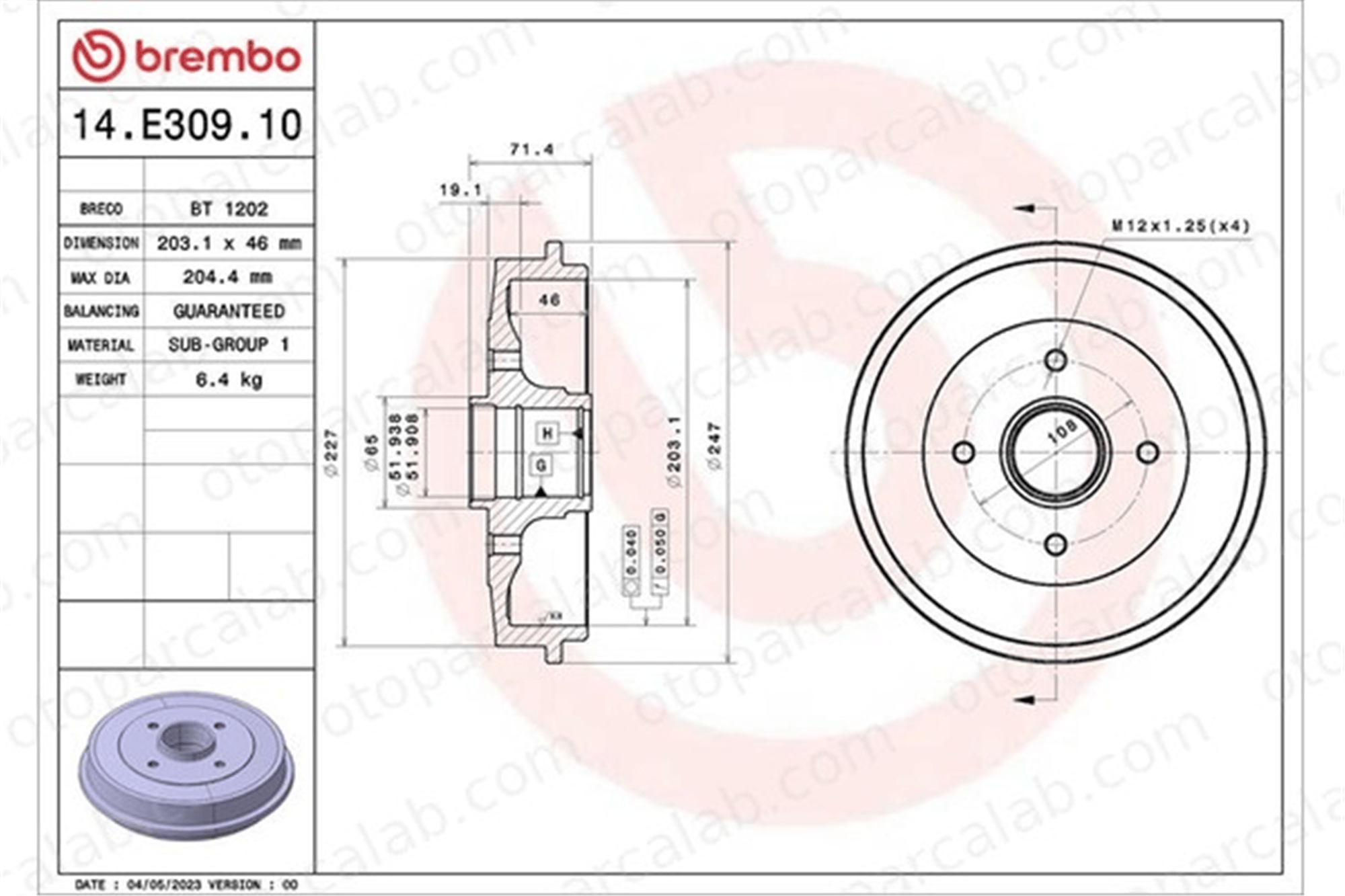 BREMBO 14.E309.10 Kampana Arka Sağ veya Sol CITROËN SAXO PEUGEOT 206 Hatchback 424745 424741