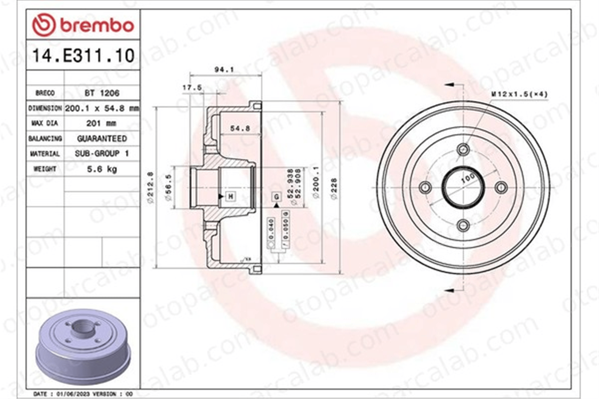 BREMBO 14.E311.10 Kampana Arka Sağ veya Sol OPEL CORSA C Kasa/eğik arka TIGRA TwinTop 9196290 418001