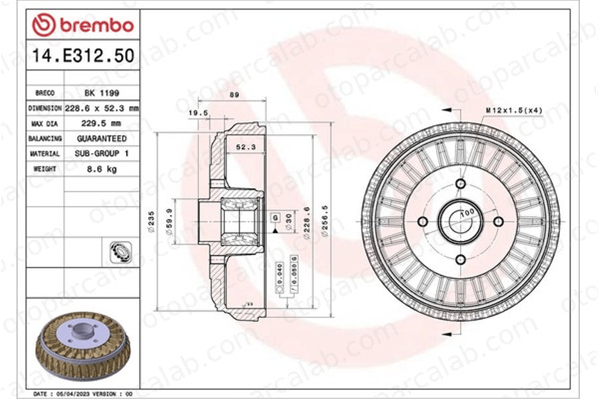 BREMBO 14.E312.50 Kampana Arka Sağ veya Sol DACIA LOGAN MCV LOGAN MCV II 432001316R 432004314R