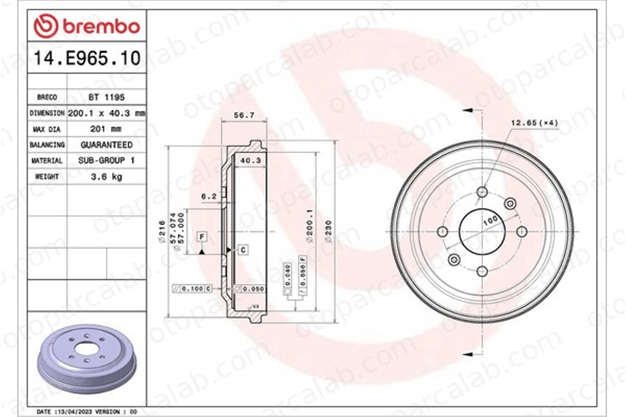 BREMBO 14.E965.10 Kampana Arka Sağ veya Sol CHEVROLET AVEO / KALOS Hatchback DAEWOO KALOS 96473233 96471783