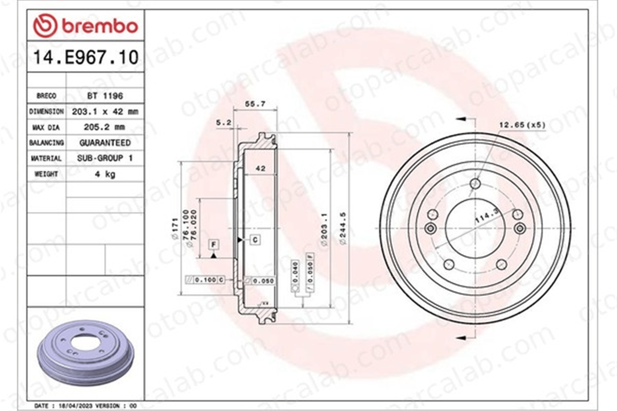 BREMBO 14.E967.10 Kampana Arka Sağ veya Sol KIA SOUL I CERATO II Sedan 584112H000