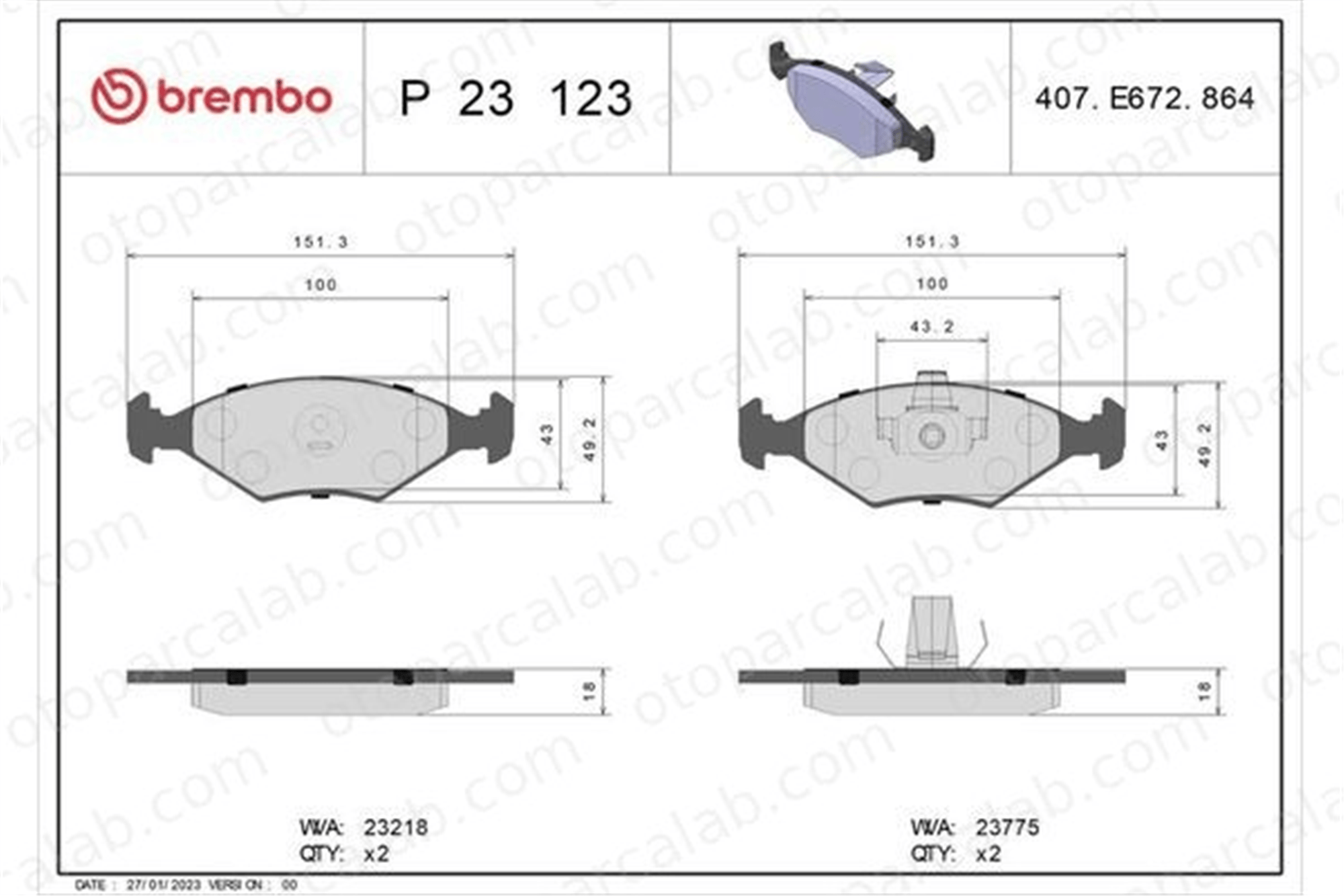 BREMBO P 23 123 Fren Disk Balata Ön FIAT PALIO SIENA 71738158 7074616