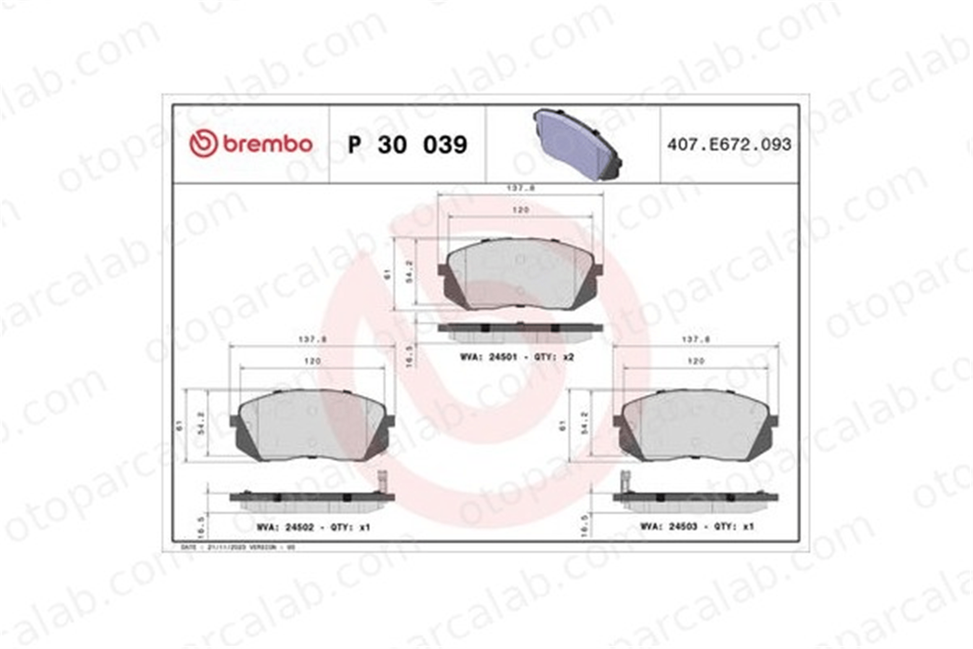 BREMBO P 30 039 Fren Disk Balata Ön KIA SPORTAGE II SPORTAGE IV 581011DA50 581012SA70