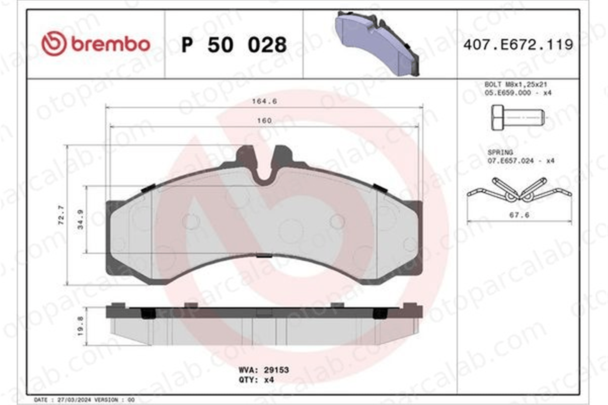 BREMBO P 50 028 Fren Disk Balata Ön veya Arka MERCEDES-BENZ SPRINTER 4-t Panelvan/Van SPRINTER 4-t Platform şasi A0004237110 A0024204120