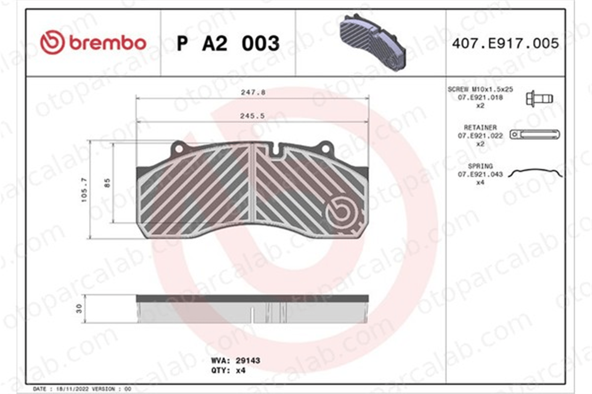 BREMBO P A2 003 Fren Disk Balata Ön MERCEDES-BENZ AROCS ACTROS MP4 / MP5 M91002704 9291063