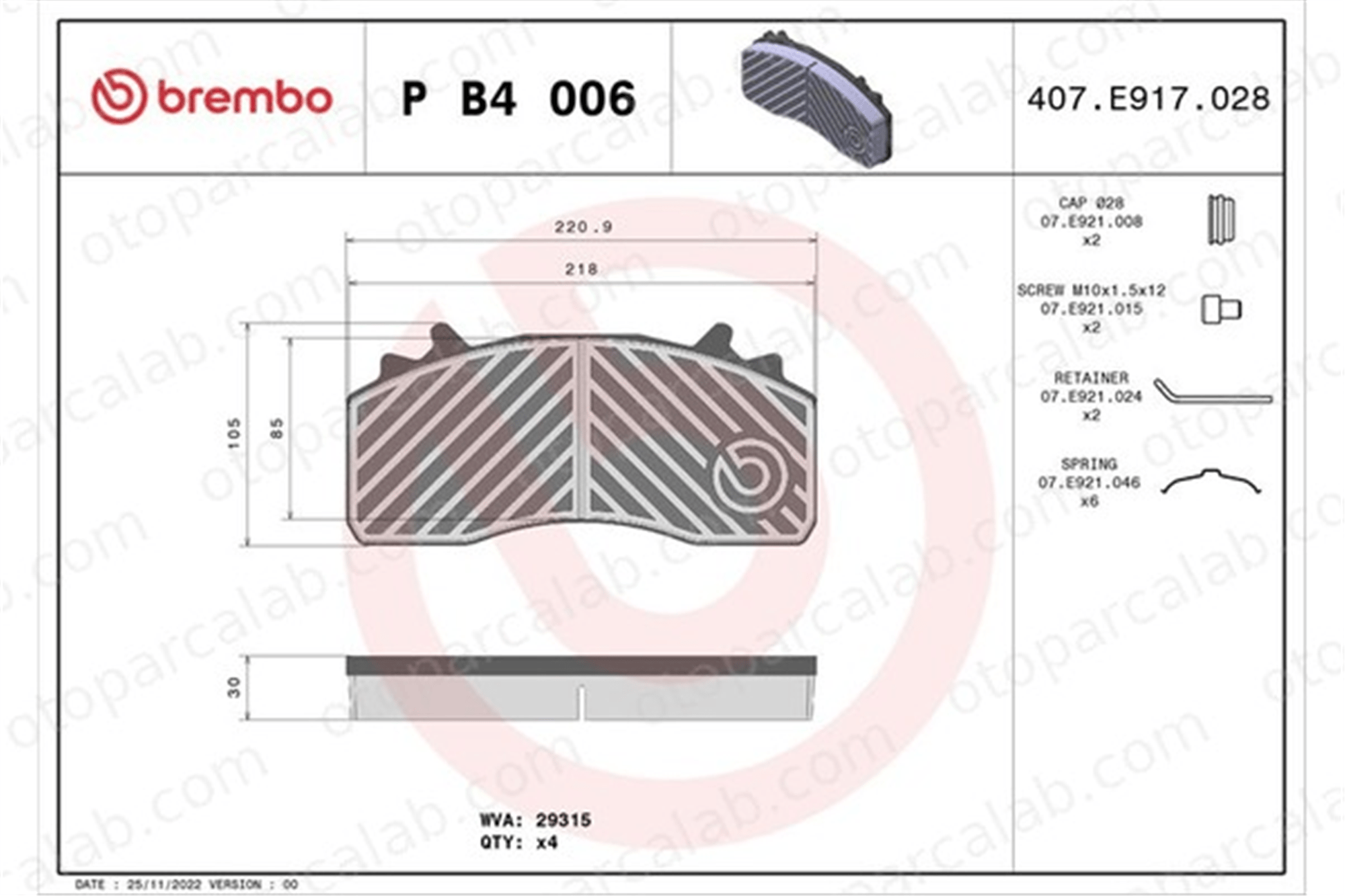 BREMBO P B4 006 Fren Disk Balata Ön MERCEDES-BENZ AROCS ACTROS MP4 / MP5 6409068282 A0014215210