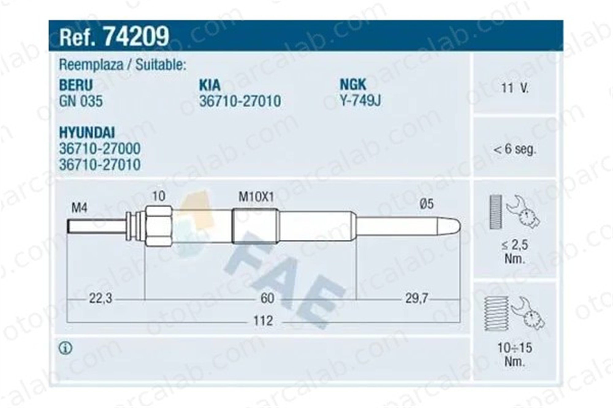 ET1 102 422 Isıtma Bujisi HYUNDAI TUCSON SANTA FÉ II 3671027000 3671027010