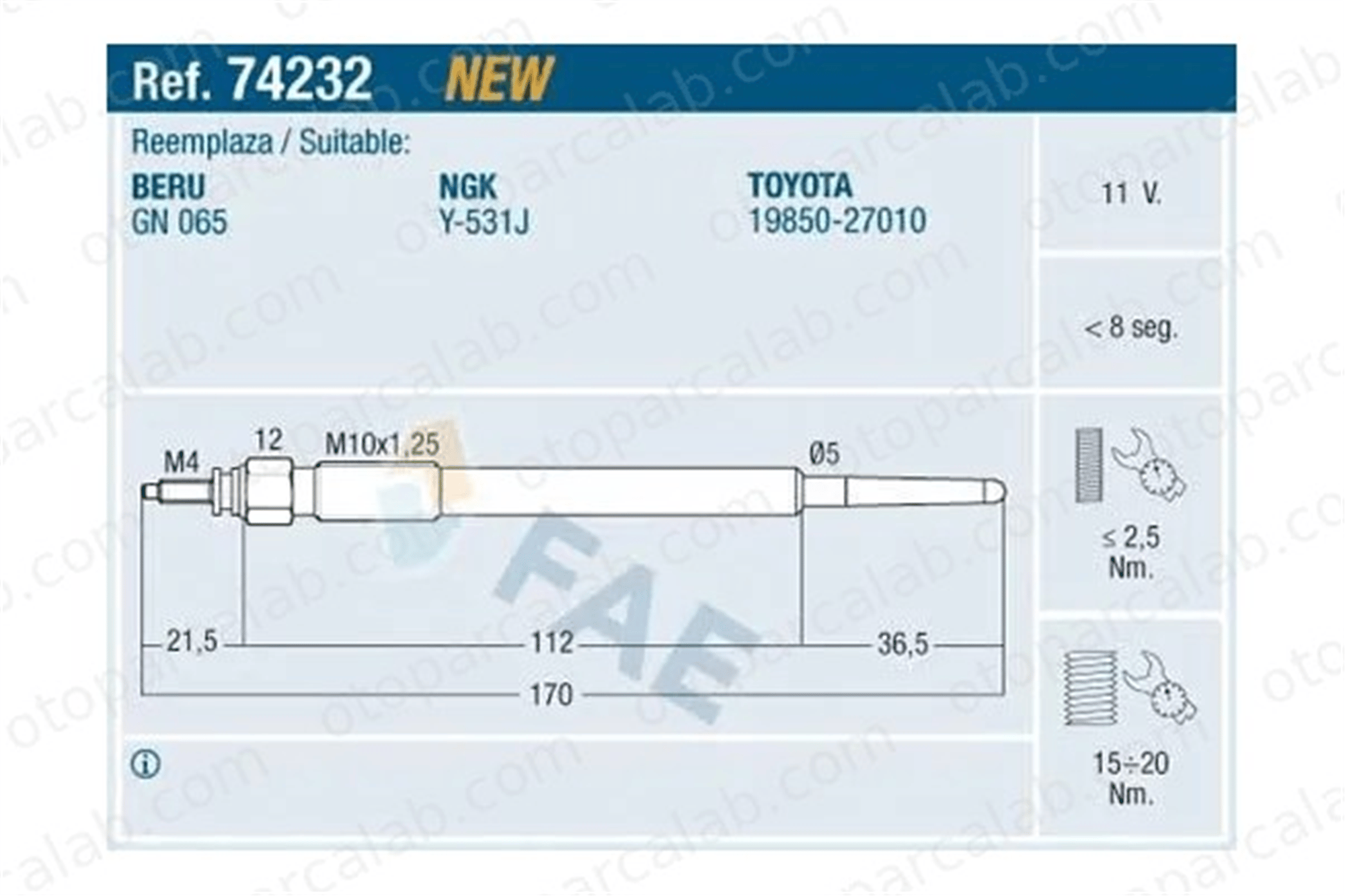 ET1 170 527 Isıtma Bujisi TOYOTA COROLLA HIACE IV Panelvan/Van 1985027010 198500L010
