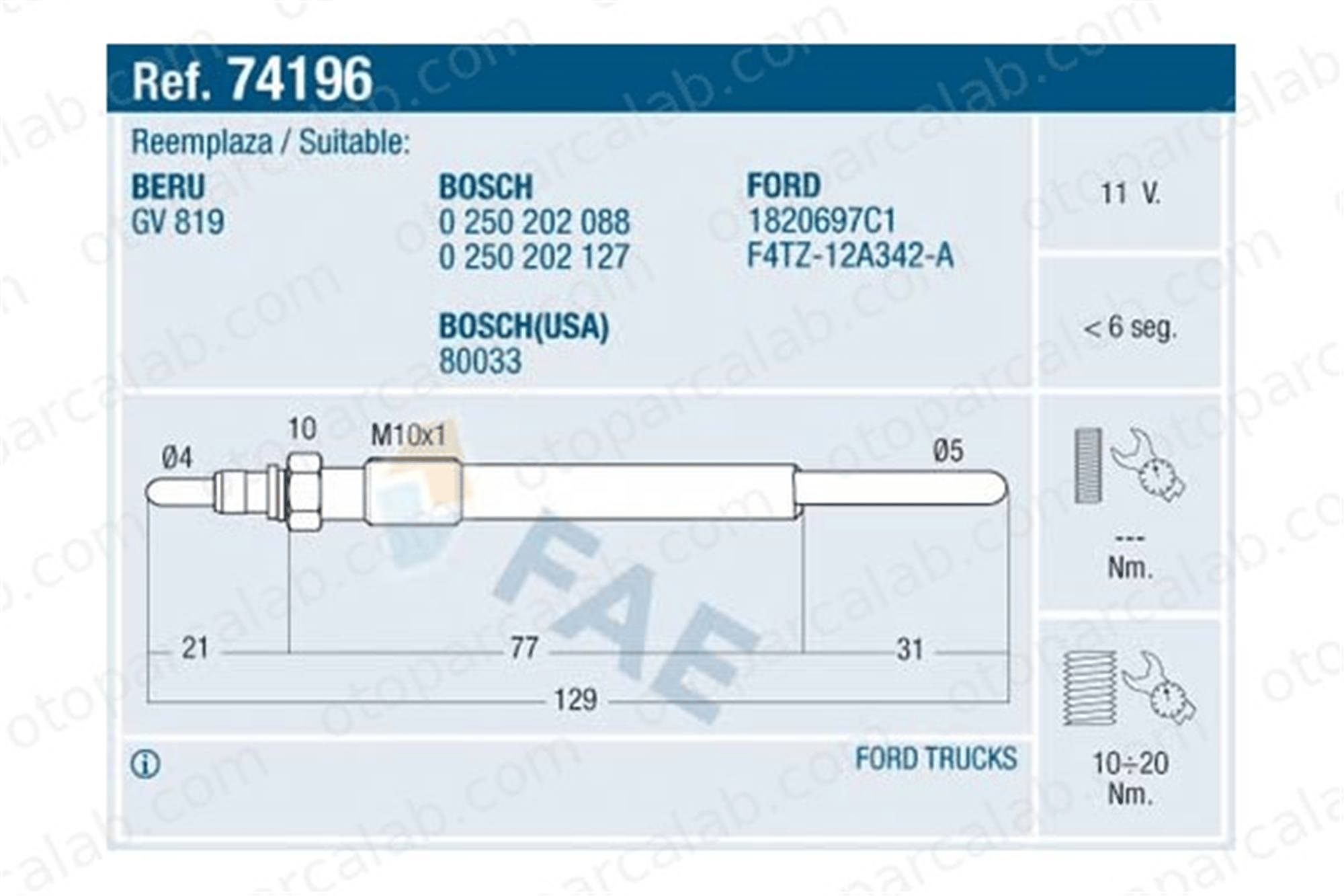 FAE 74196 Isıtma Bujisi FORD USA F-250 F4TZ12A342A 1820697C1