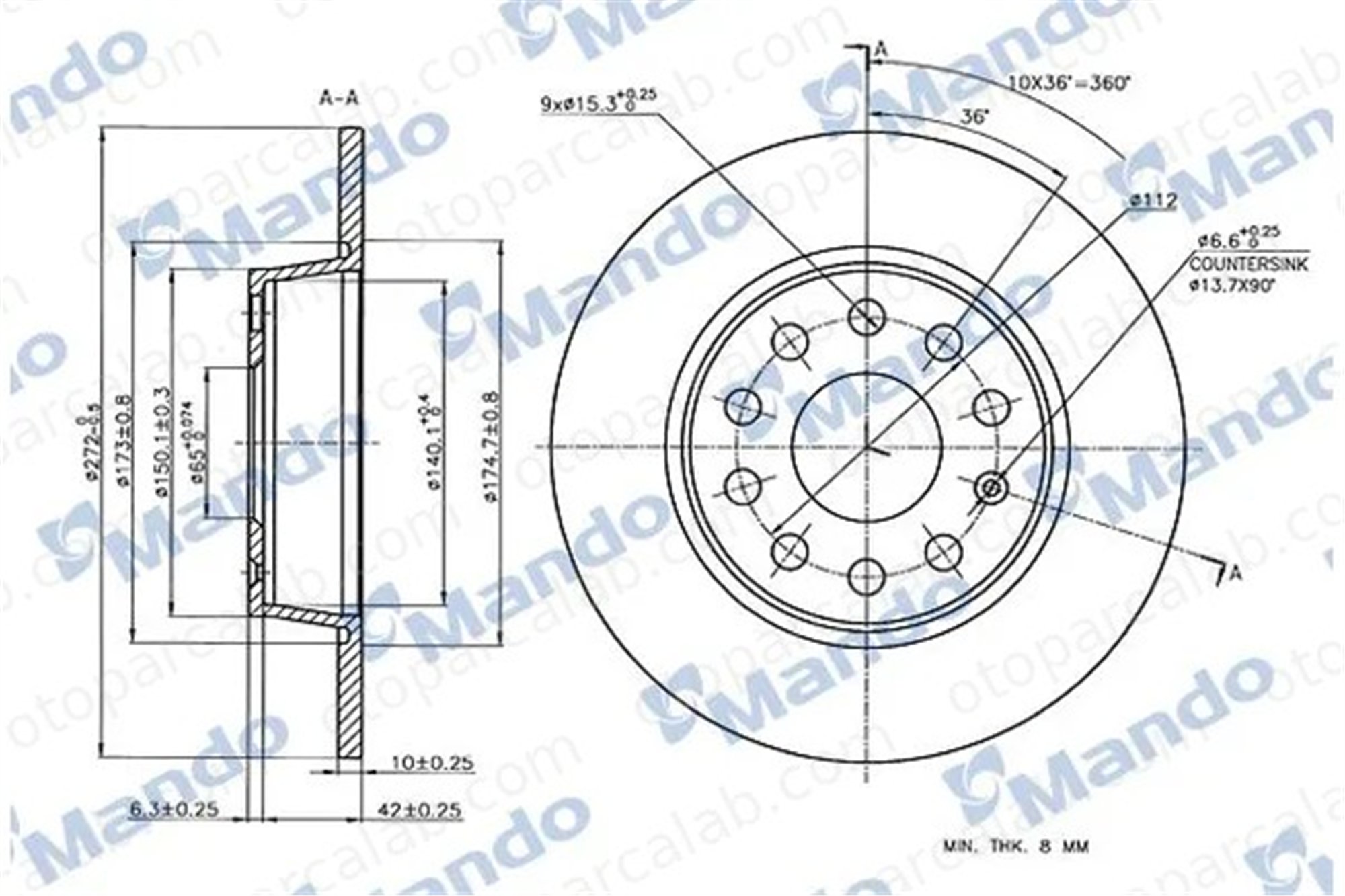 MANDO MBC035344 Fren Disk Ayna Arka Sağ ve Sol AUDI A3 Sportback A3 1K0615601AA 5Q0615601D
