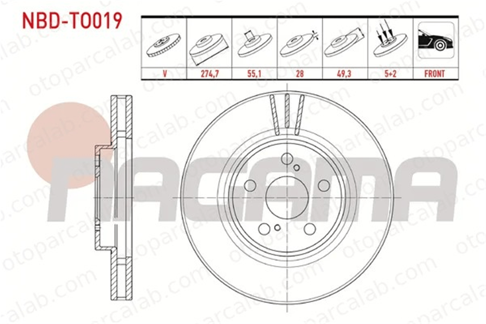 NAGAMA NBD-TO019 Fren Disk Ayna Ön Sağ ve Sol TOYOTA AVENSIS AVENSIS Liftback 4351220380 4351220360