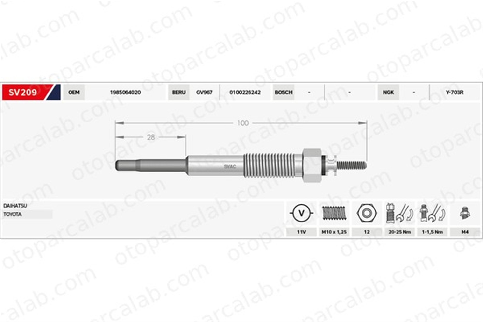 SVAC SV209 Isıtma Bujisi DAIHATSU WILDCAT/ROCKY TOYOTA COROLLA 1985064020 1985054071000