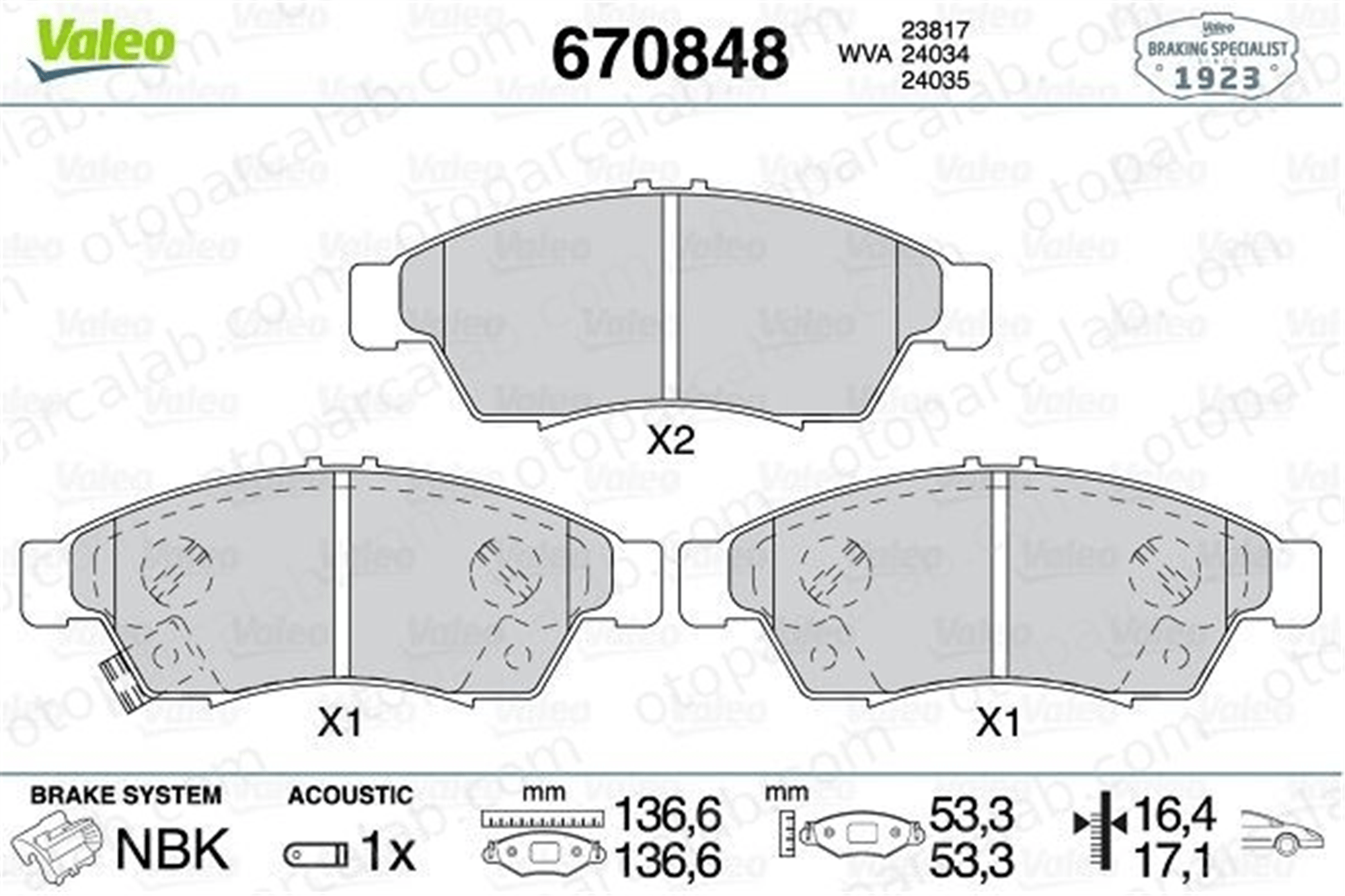 VALEO 670848 Fren Disk Balata Ön SUZUKI LIANA LIANA Hatchback 5581054G50 5581054G00