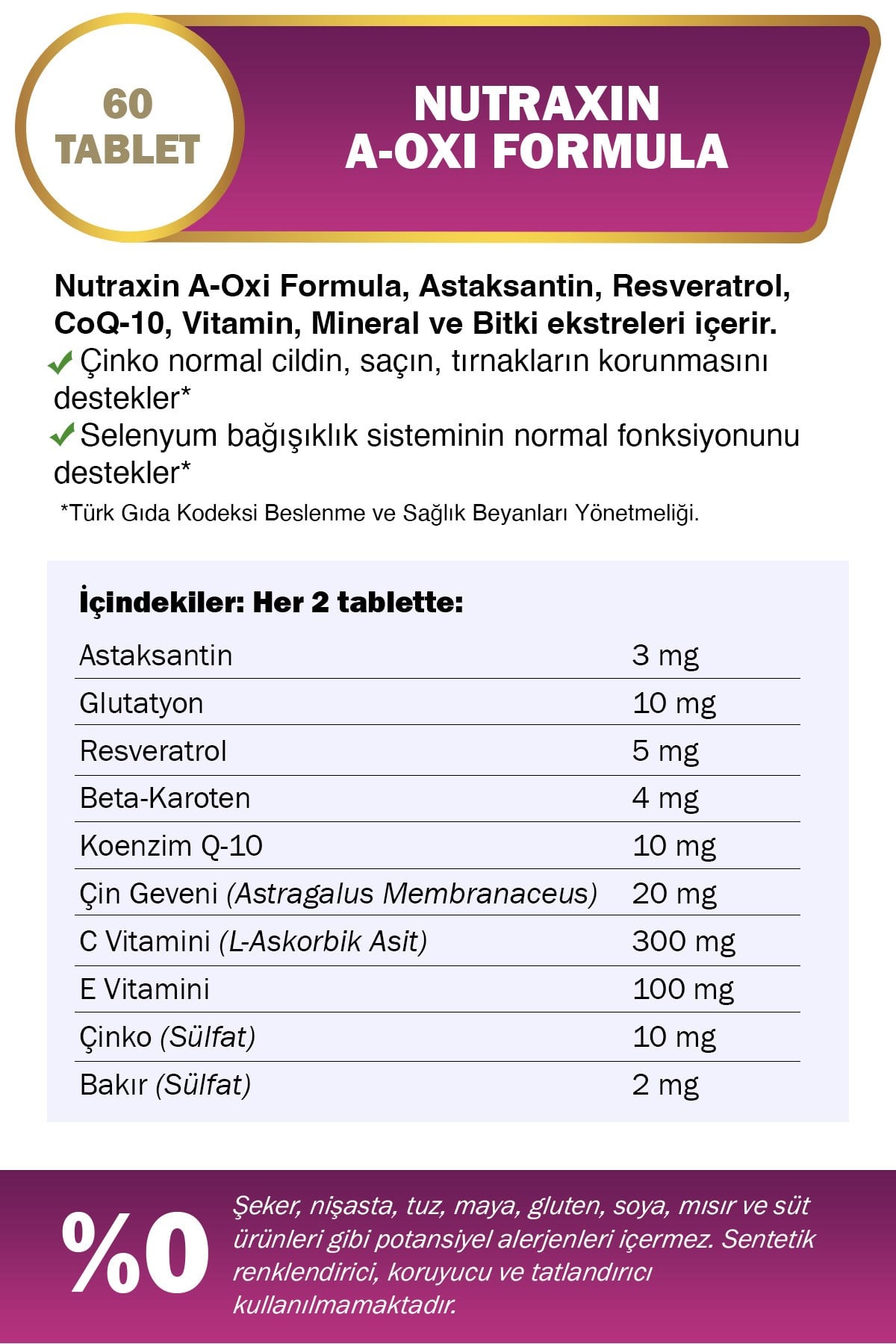 A-Oxi Formula Glutathione + Resveratrol 60 Tablet | Astaksantin, CoQ10, Çinko ve Selenyum
