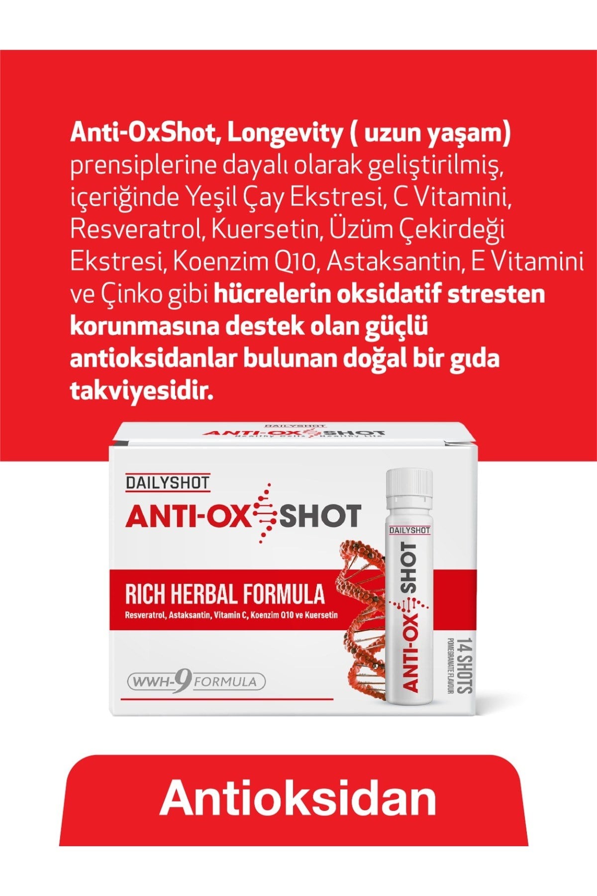 Antioxshot, Bitkisel Antioksidan Kompleks, Likit Antiox Shot, Resveratrol 14'lü