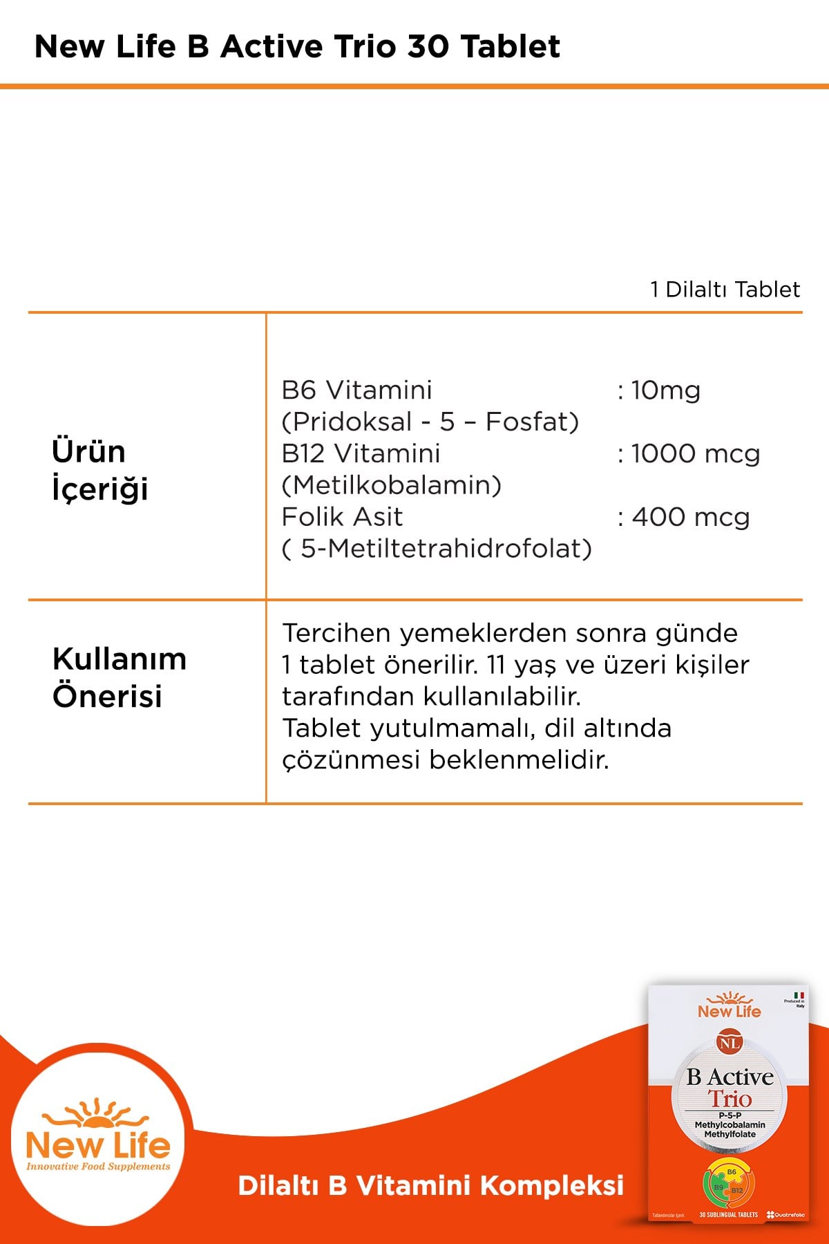 B Active Trio 30 Tablet - P5P - Metilkobalamin - Metilfolat