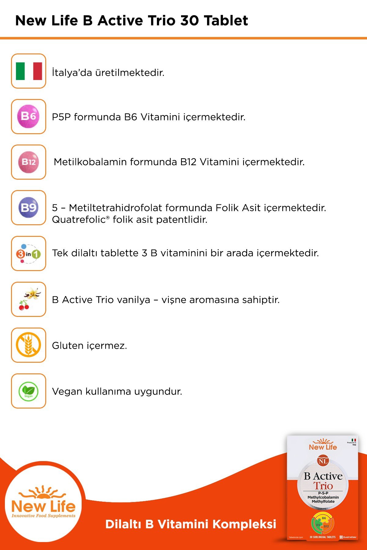 B Active Trio 30 Tablet - P5P - Metilkobalamin - Metilfolat