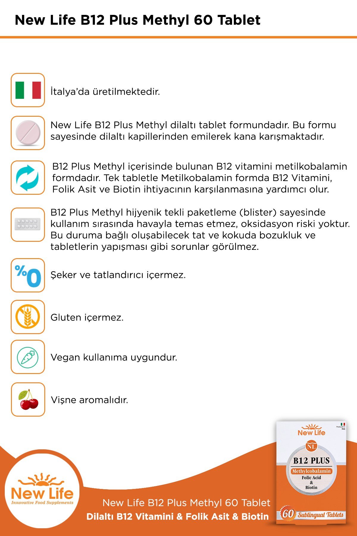 B12 Plus 60 Dilaltı Tablet - Metilkobalamin - Biotin - Folik Asit