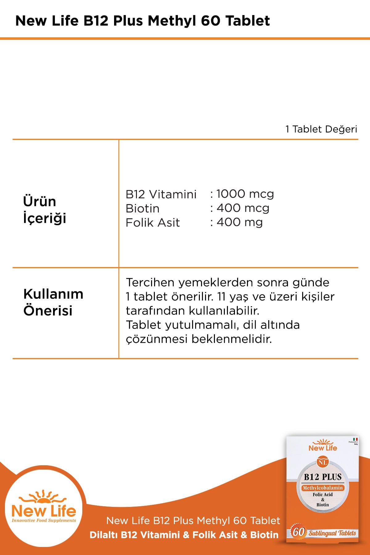B12 Plus 60 Dilaltı Tablet - Metilkobalamin - Biotin - Folik Asit