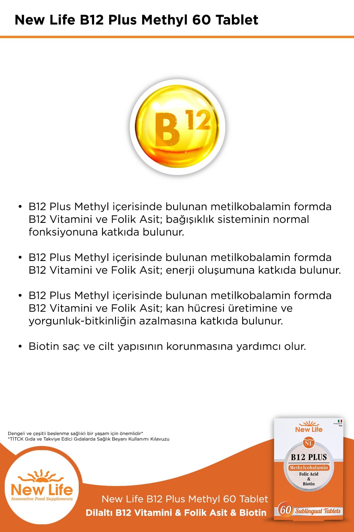 B12 Plus 60 Dilaltı Tablet - Metilkobalamin - Biotin - Folik Asit