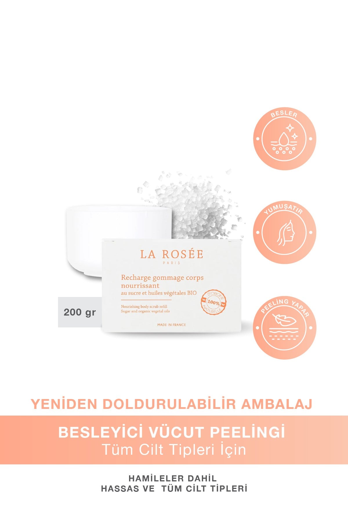 BESLEYİCİ VÜCUT PEELİNGİ Şeker ve Organik Bitkisel Yağlar İçeren - 200 g Doldurulabilir