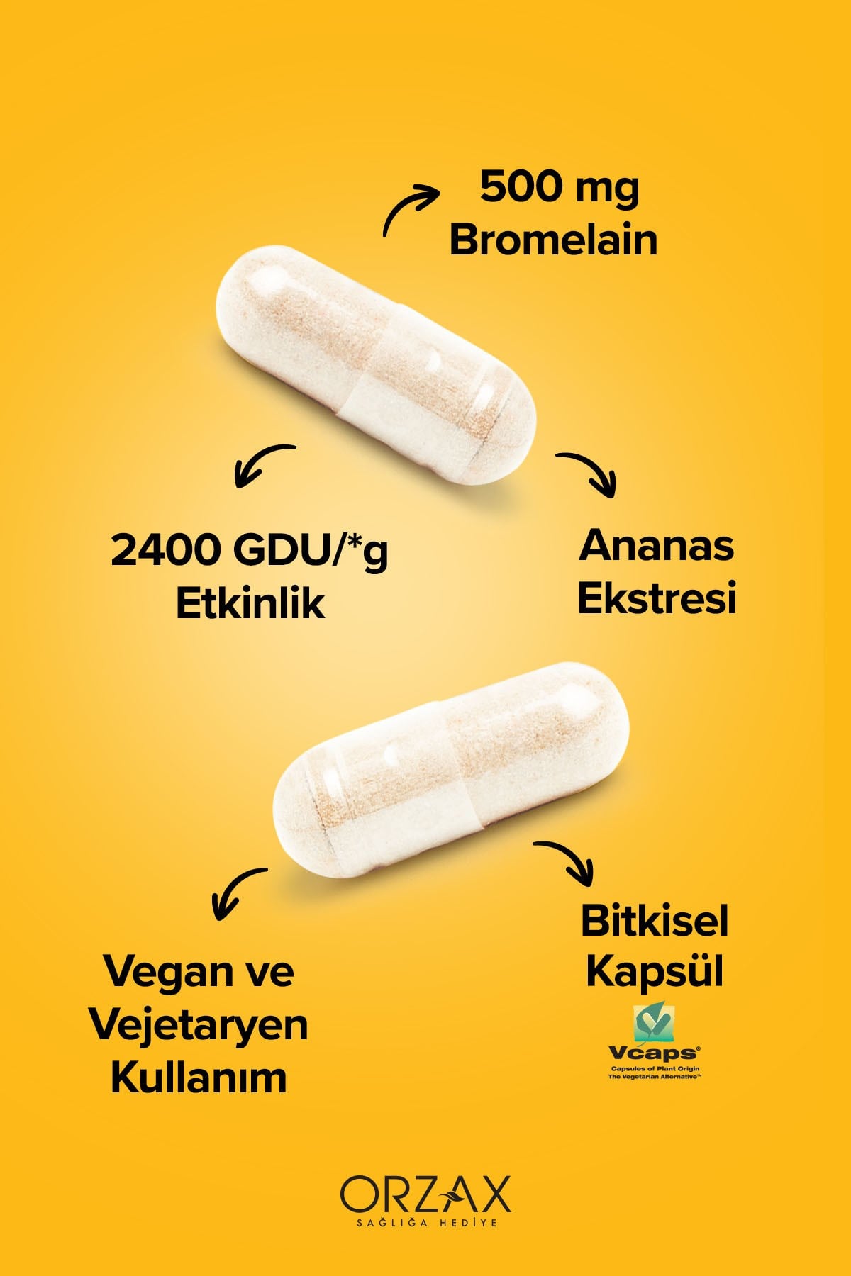 Bromelain 500 Mg Takviye Edici Gıda (Ananas Ekstresi - 2400 GDU / g Bromelain İçerir) 30 Kapsül