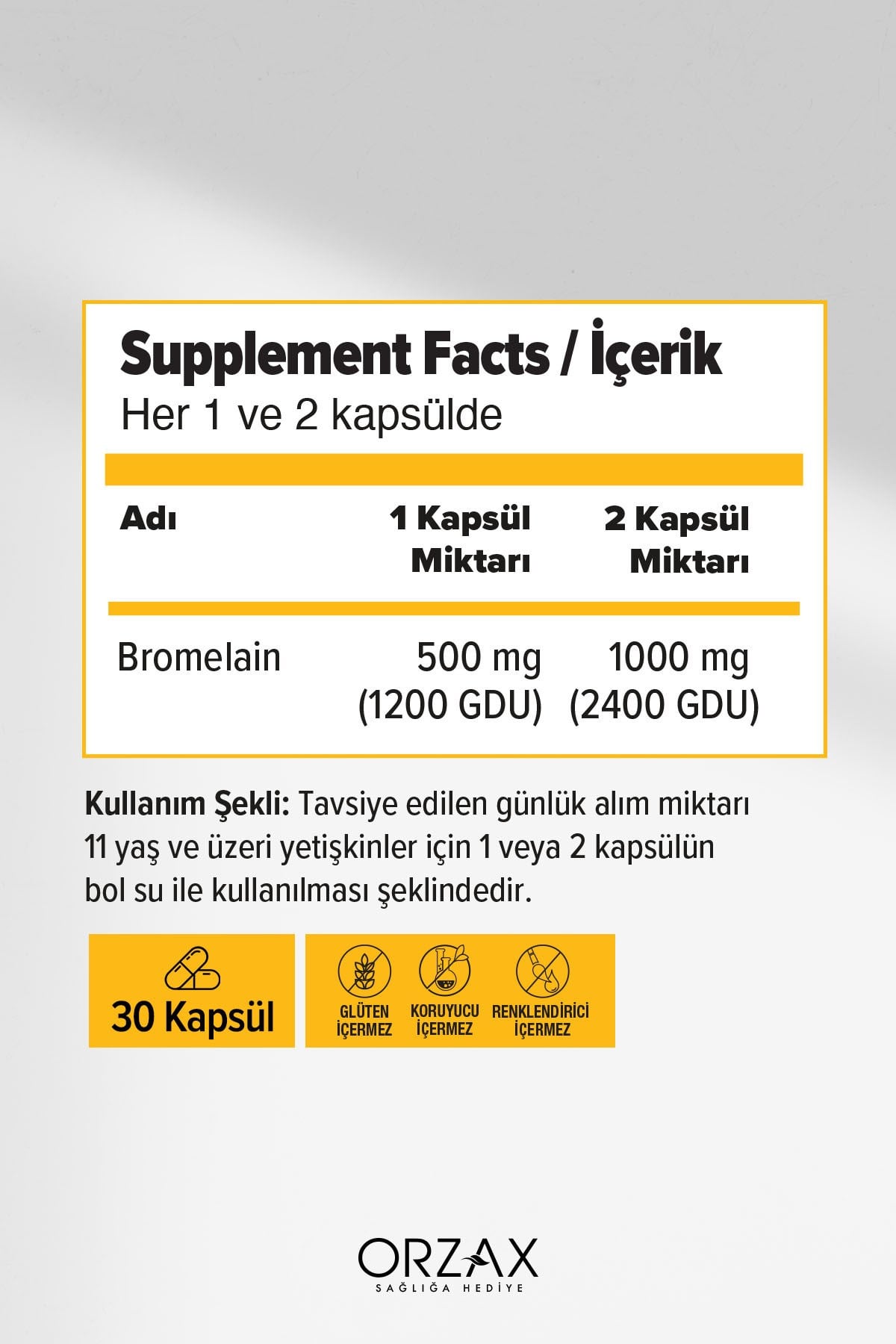 Bromelain 500 Mg Takviye Edici Gıda (Ananas Ekstresi - 2400 GDU / g Bromelain İçerir) 30 Kapsül