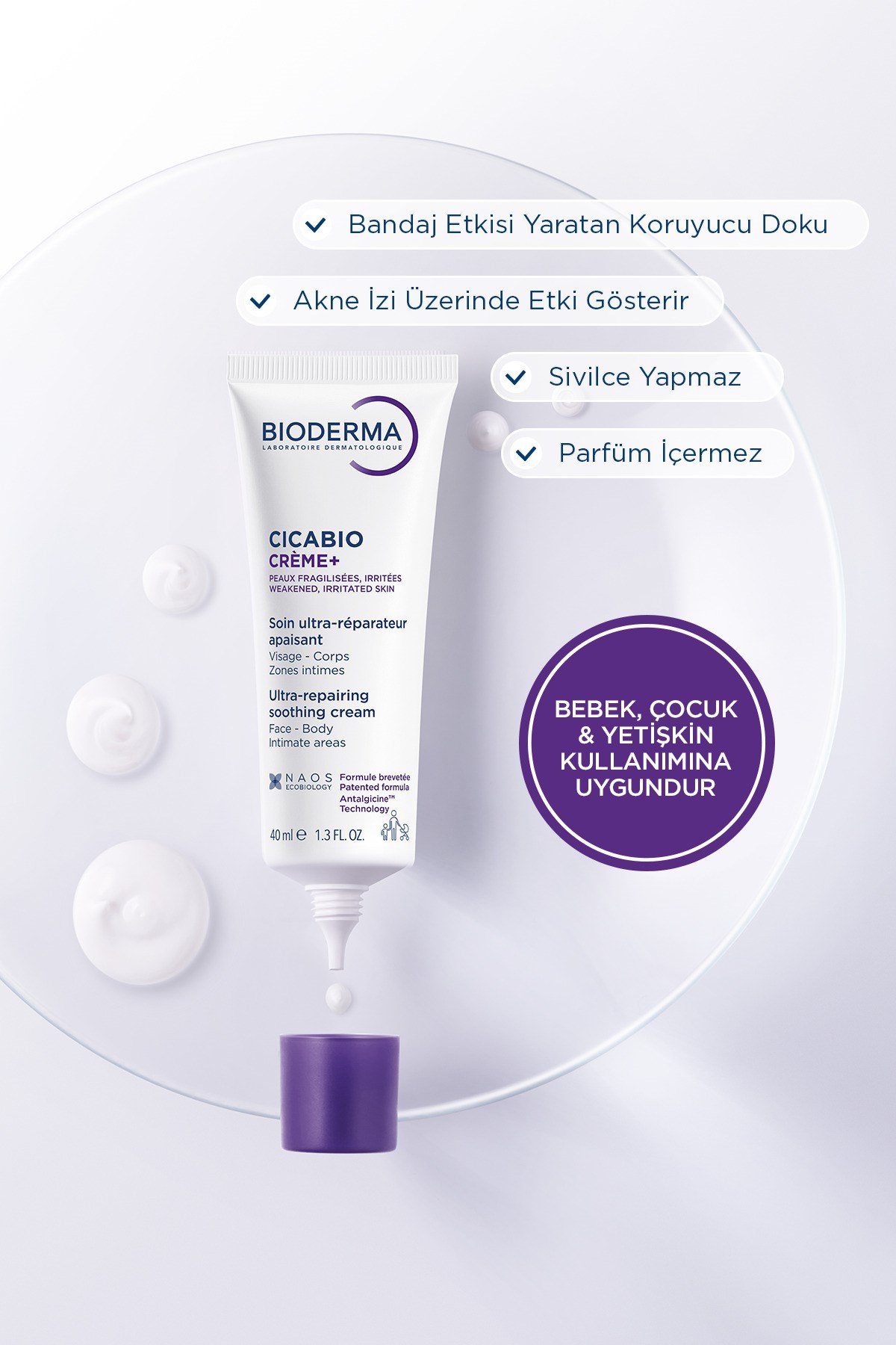 Cicabio Cream+ Bebek, Çocuk, Yetişkin için Onarıcı Yüz ve Vücut Bakım Kremi 40ml